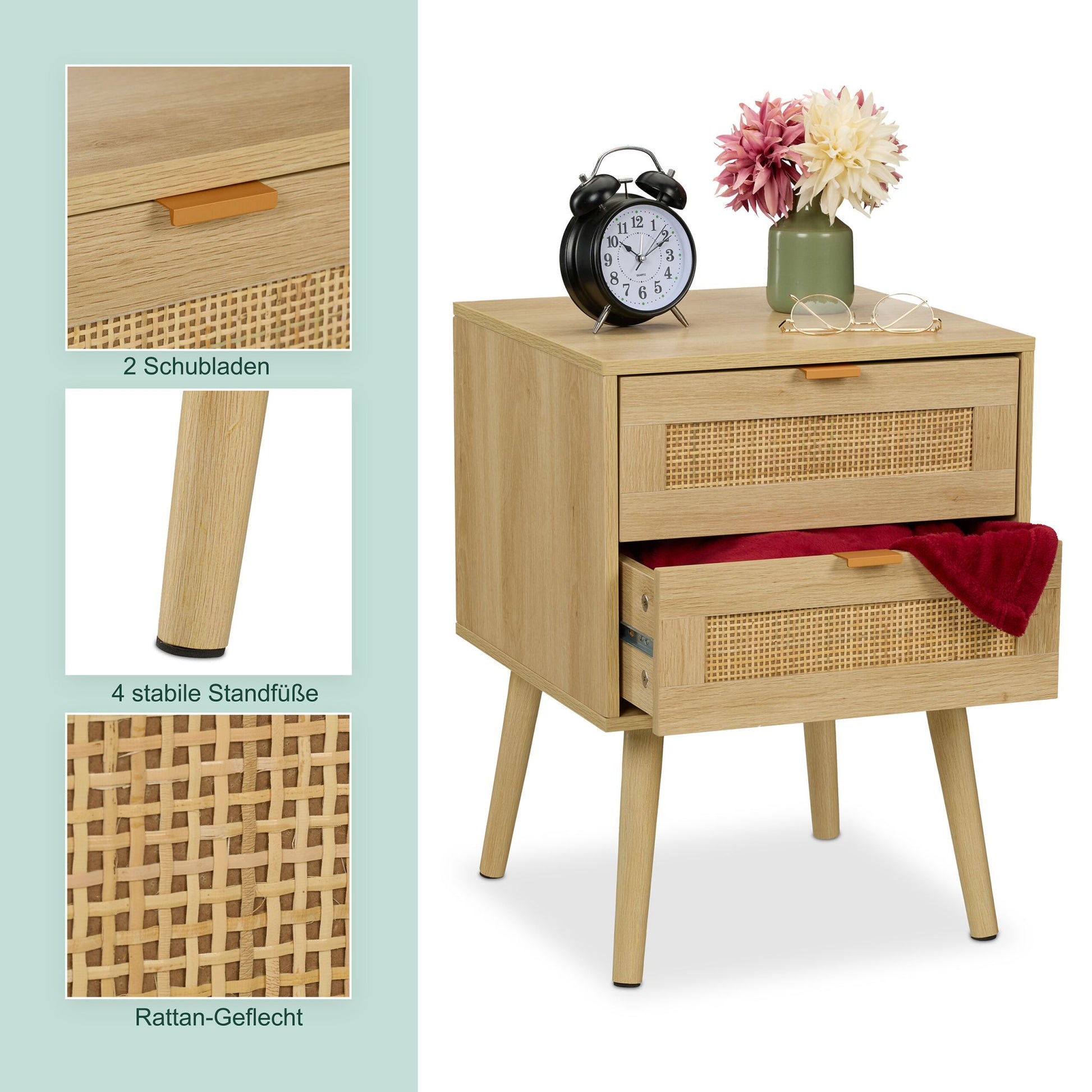 Nachttisch Rattan-Design 2 Schubladen Hellbraun von Relaxdays