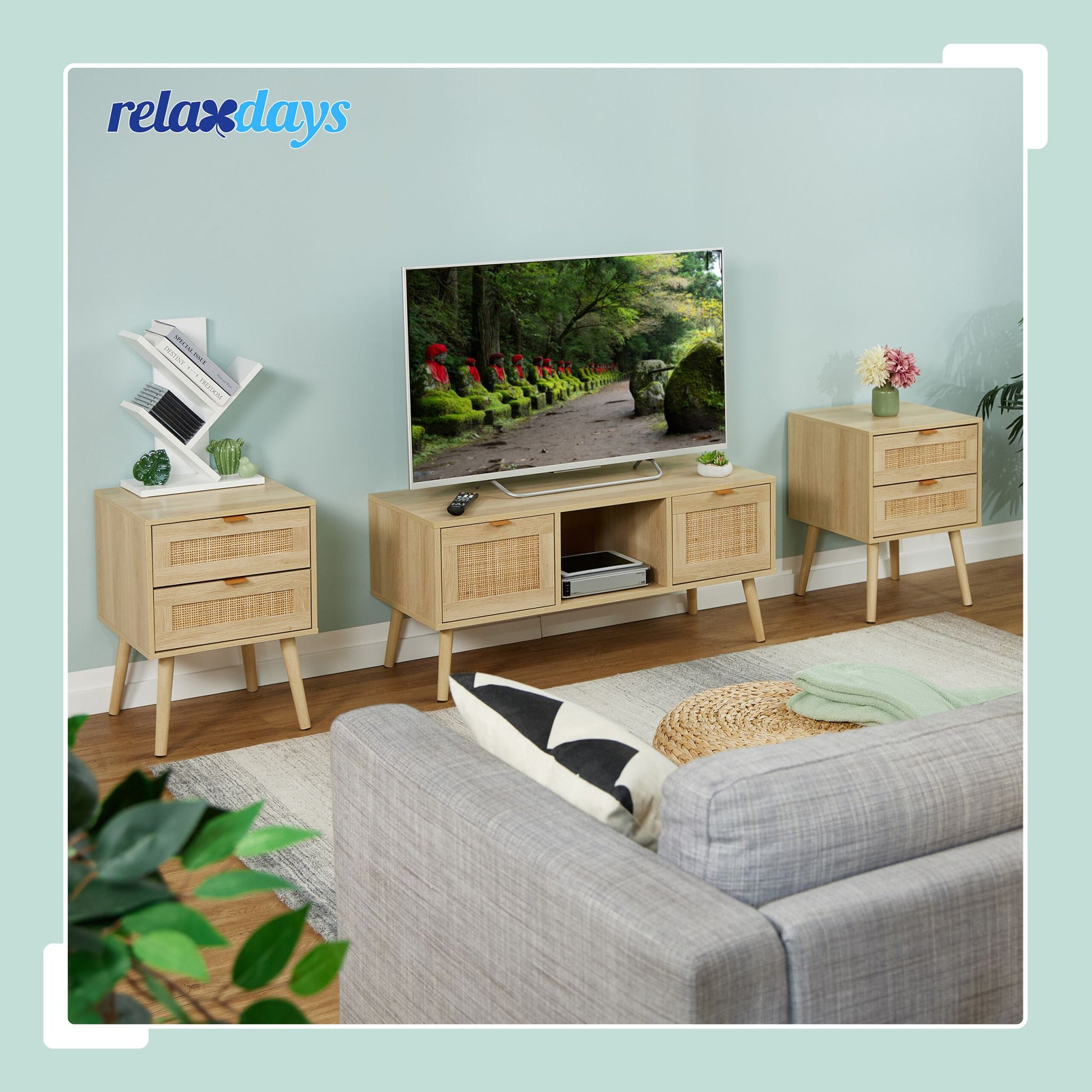 Nachttisch Rattan-Design 2 Schubladen Hellbraun von Relaxdays