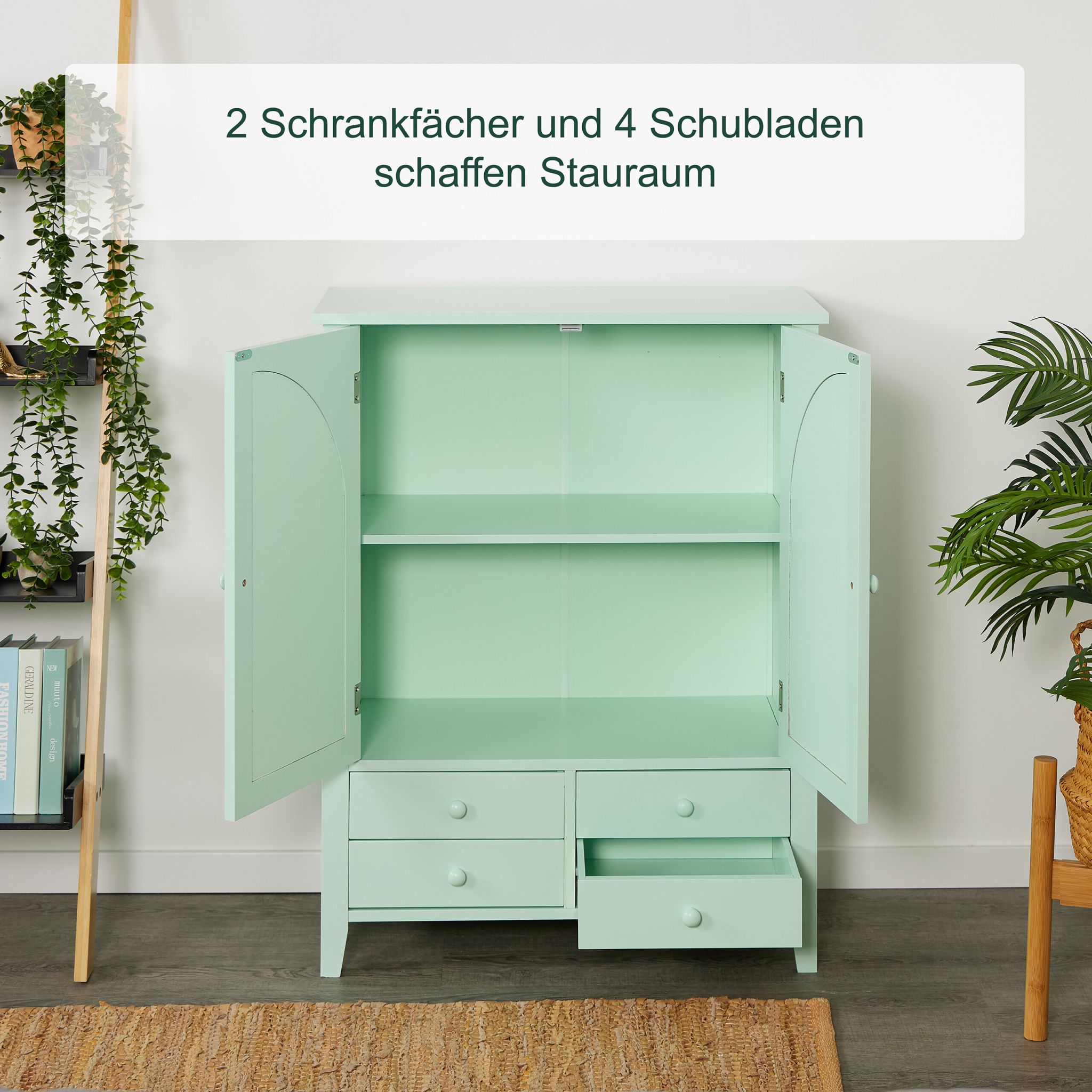 Sideboard mit Rattanoptik Hellbraun-Türkis von Relaxdays