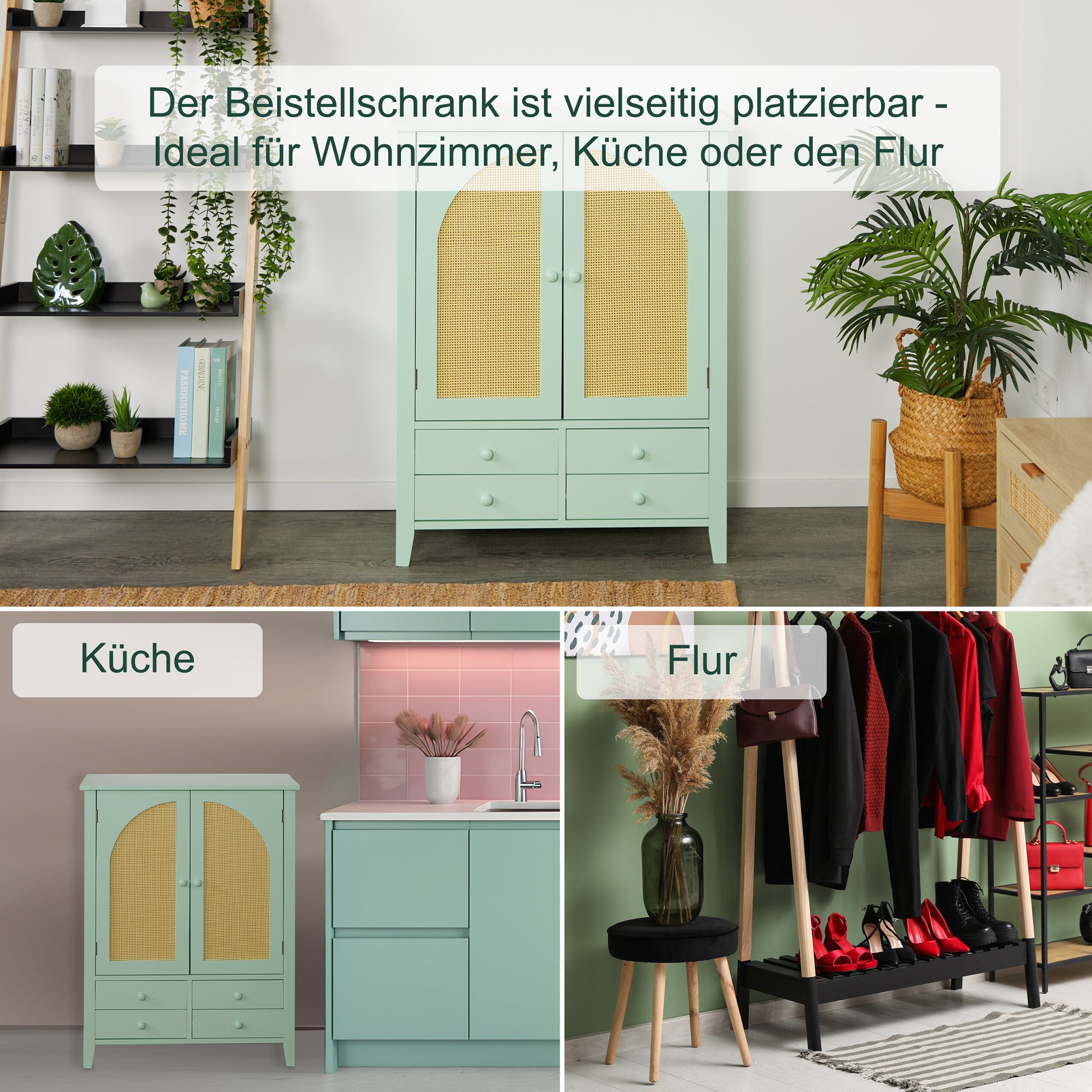 Sideboard mit Rattanoptik Hellbraun-Türkis von Relaxdays