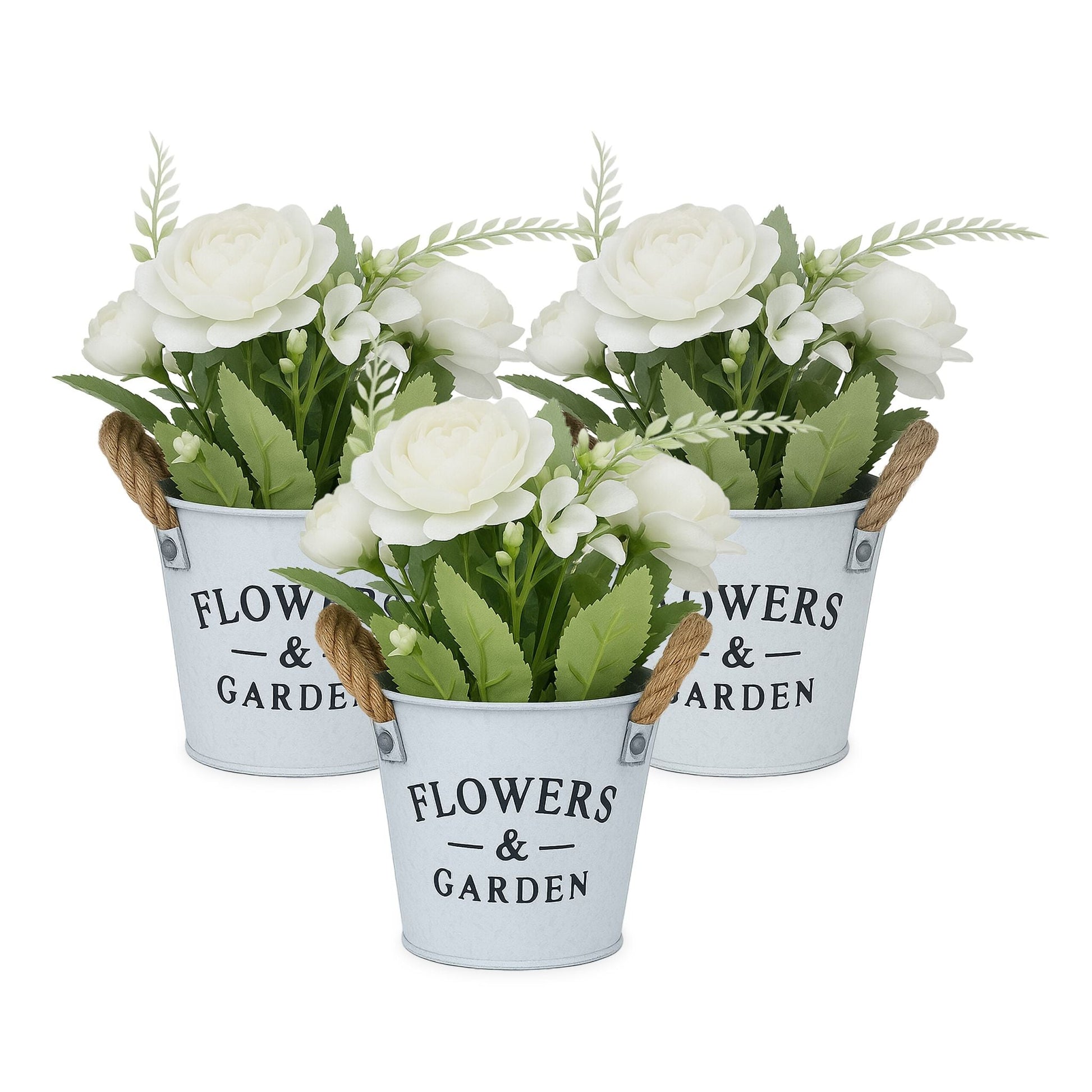 Kunstblumen Topf 3er-Set Weiss-Grün-Grau von Relaxdays