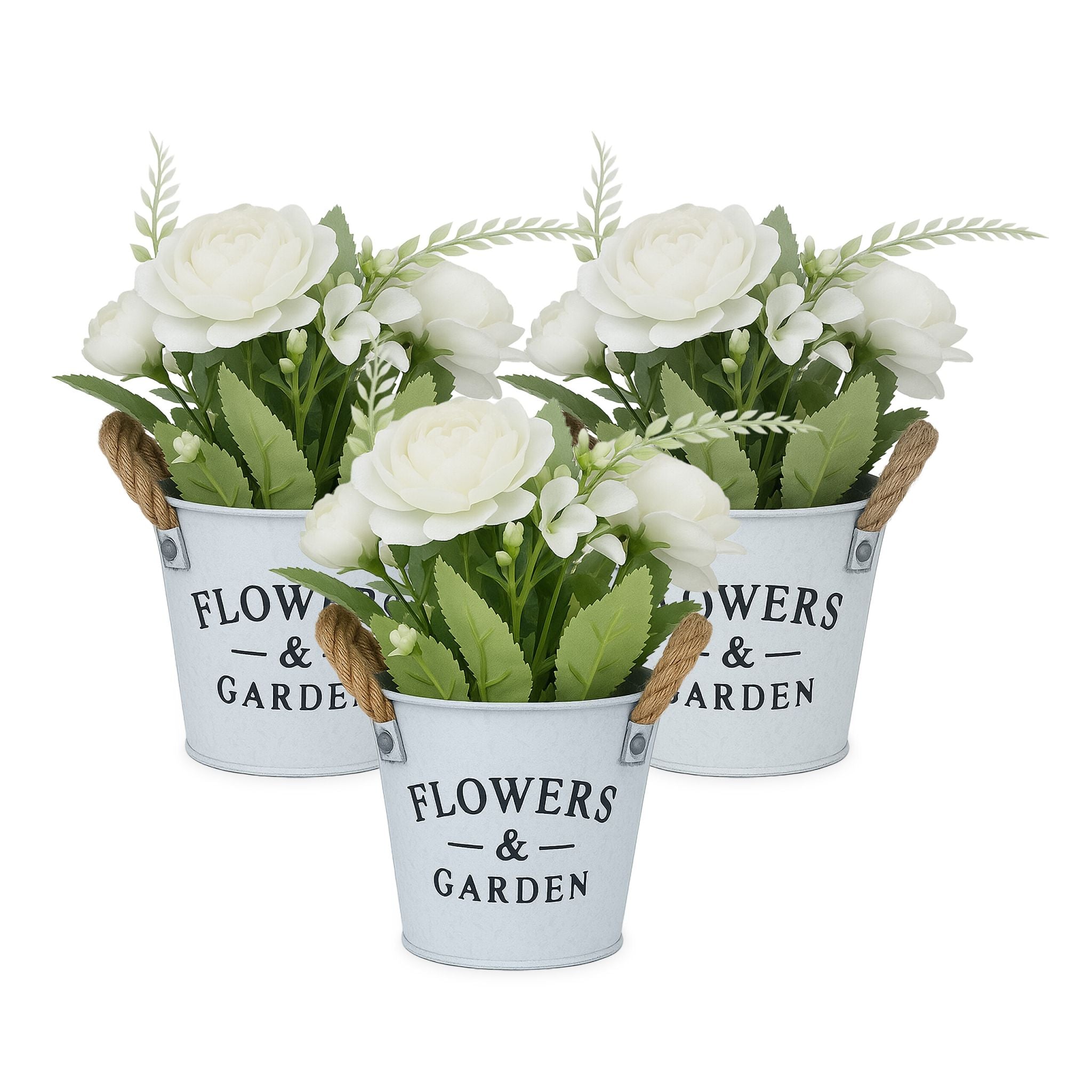 Kunstblumen Topf 3er-Set Weiss-Grün-Grau von Relaxdays