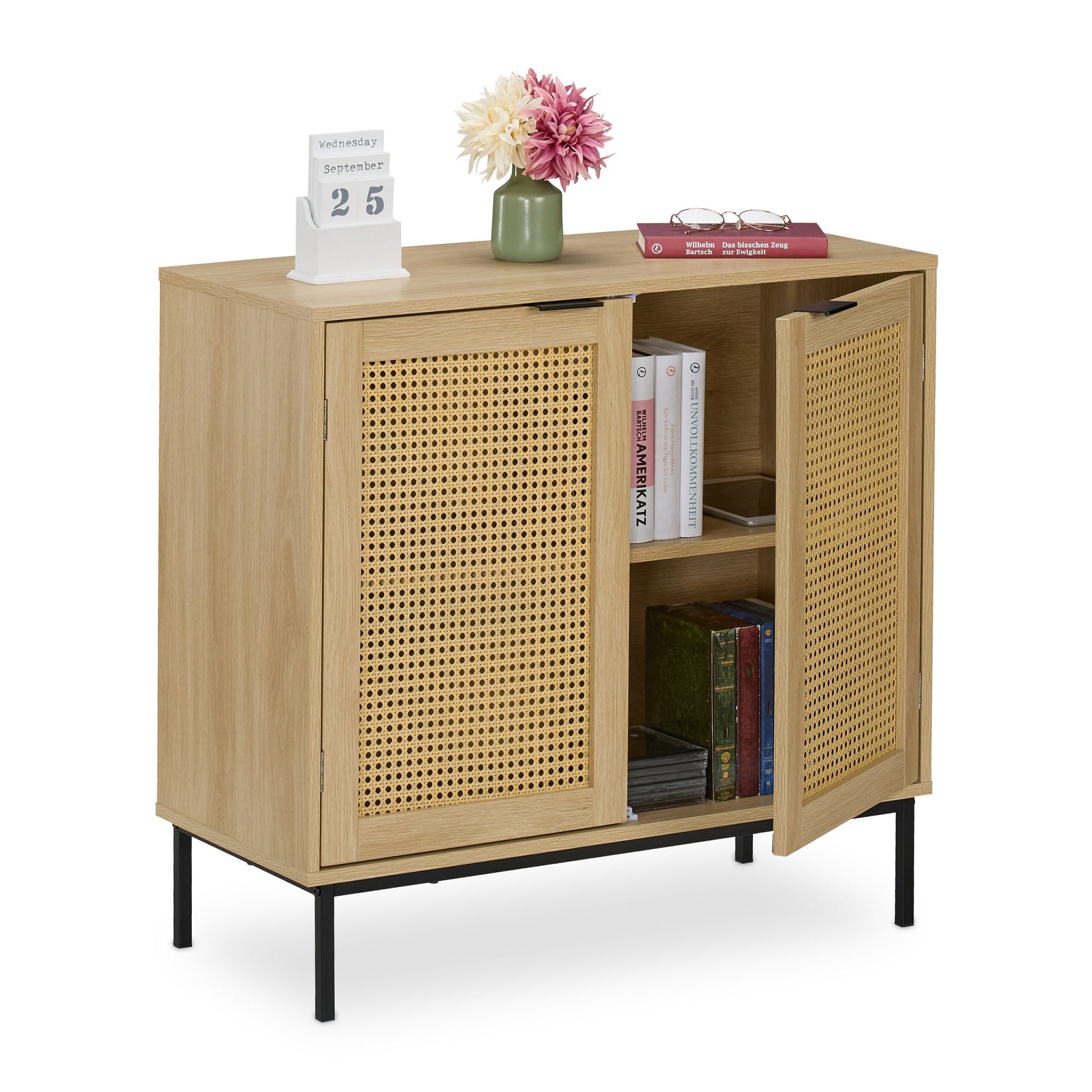 Sideboard mit 2 Rattan-Türen Hellbraun-Schwarz von Relaxdays