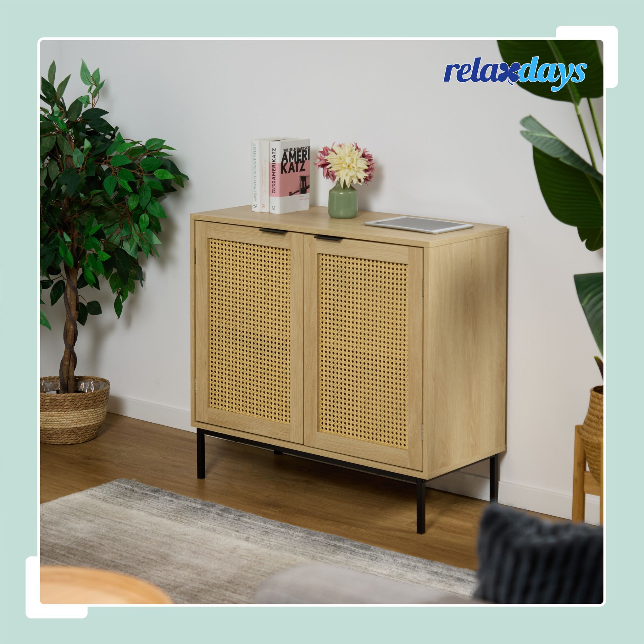 Sideboard mit 2 Rattan-Türen Hellbraun-Schwarz von Relaxdays