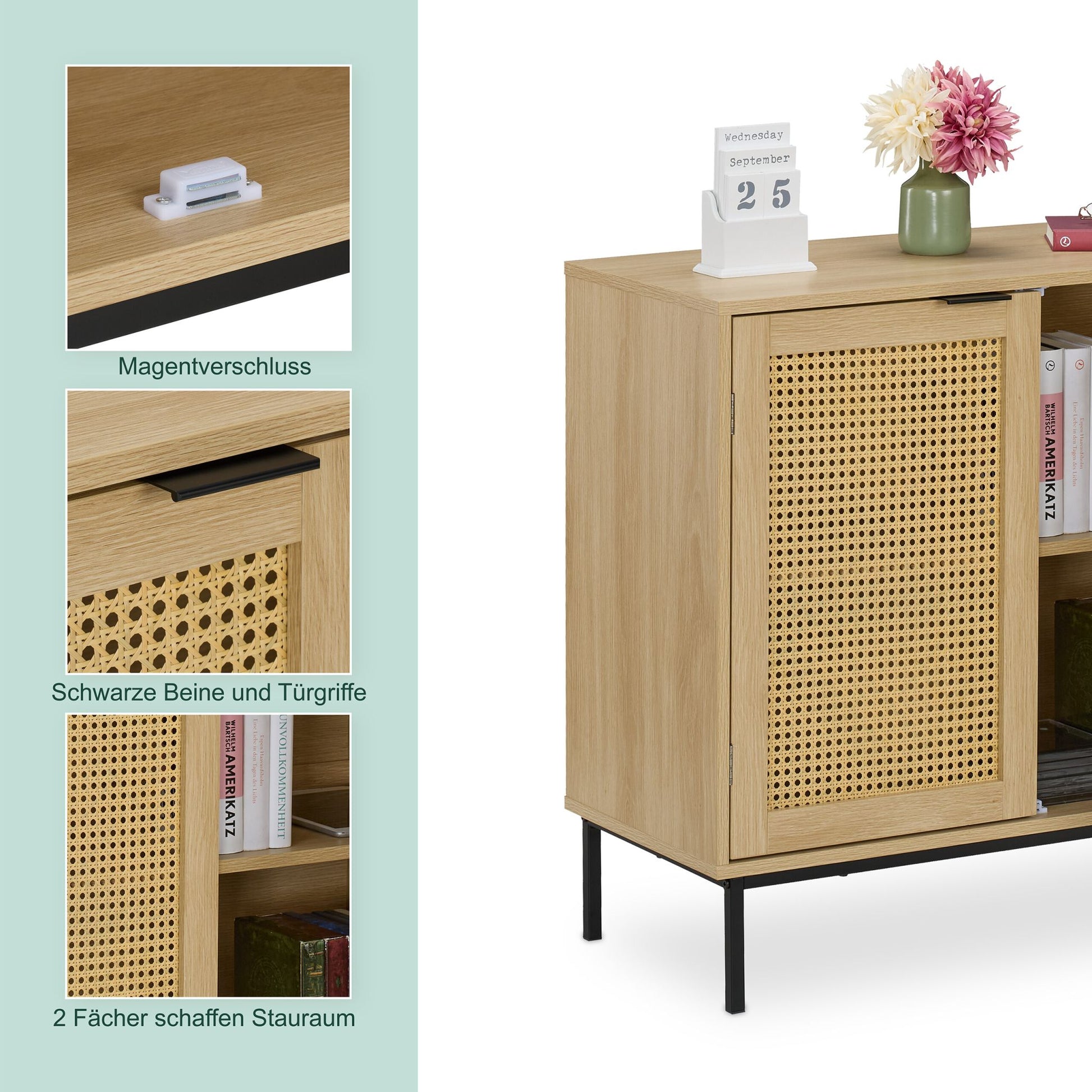 Sideboard mit 2 Rattan-Türen Hellbraun-Schwarz von Relaxdays