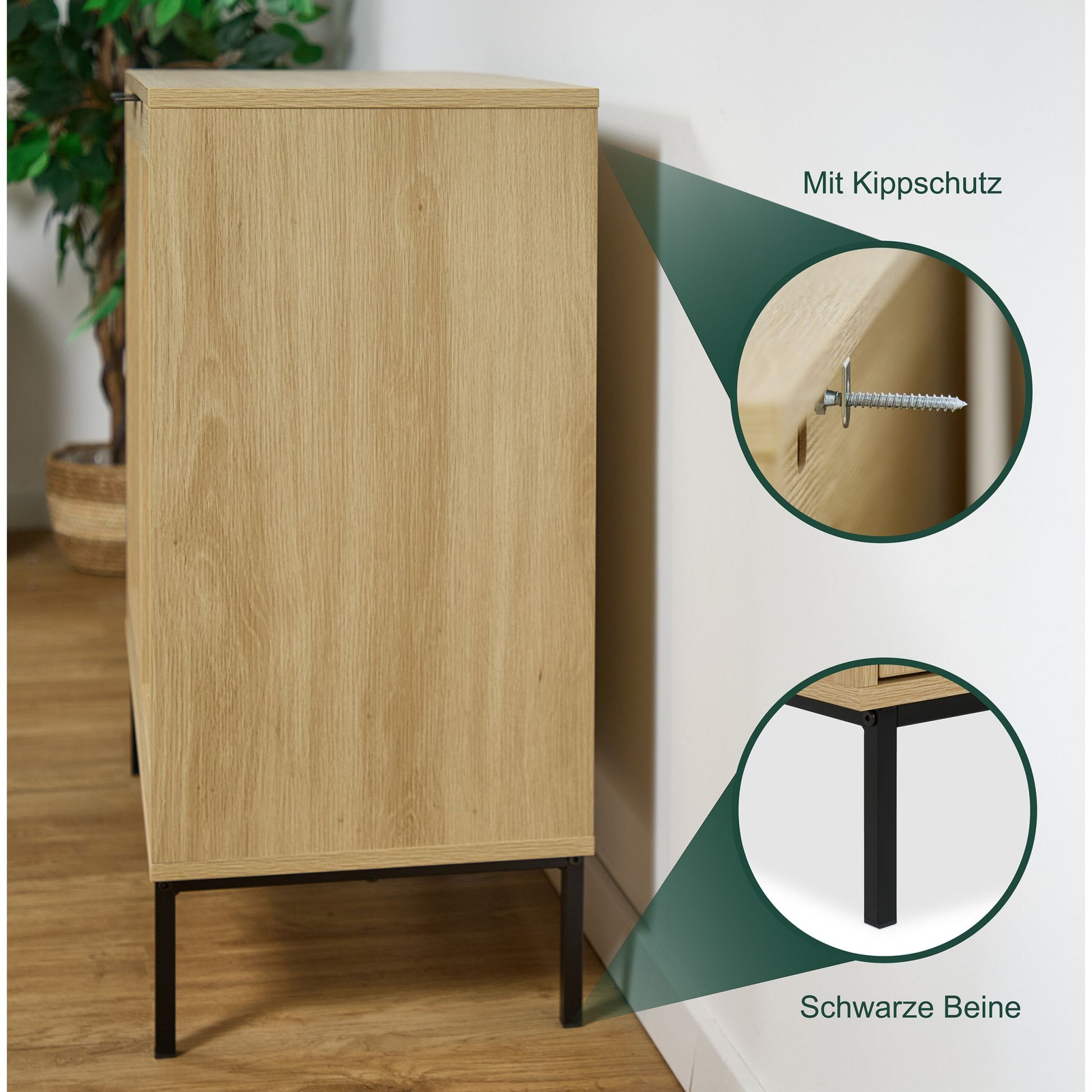 Sideboard mit 2 Rattan-Türen Hellbraun-Schwarz von Relaxdays