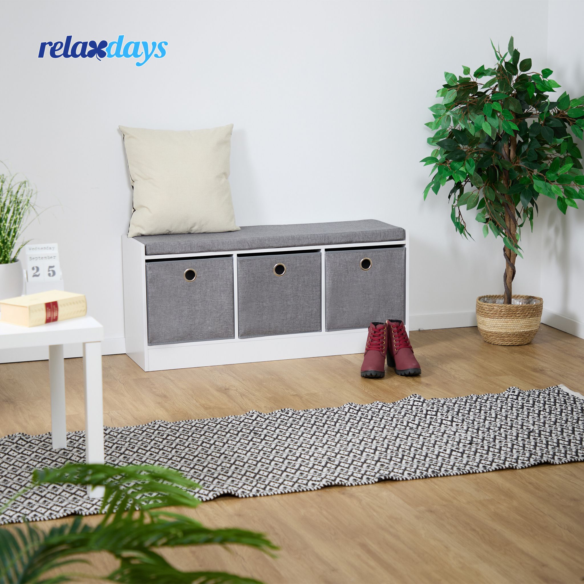 Sitzbank mit Polster und 3 Fächern Weiss-Grau von Relaxdays