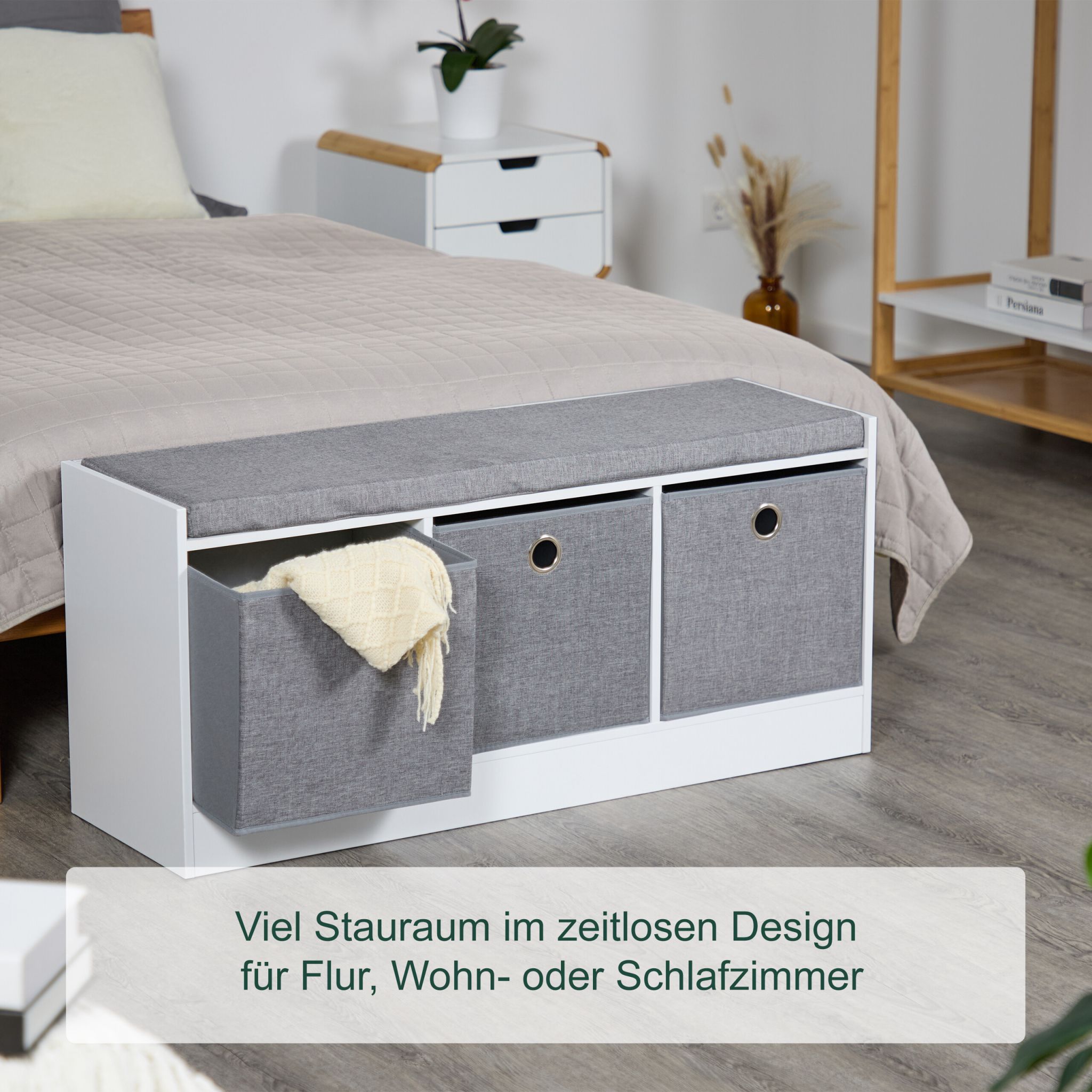 Sitzbank mit Polster und 3 Fächern Weiss-Grau von Relaxdays