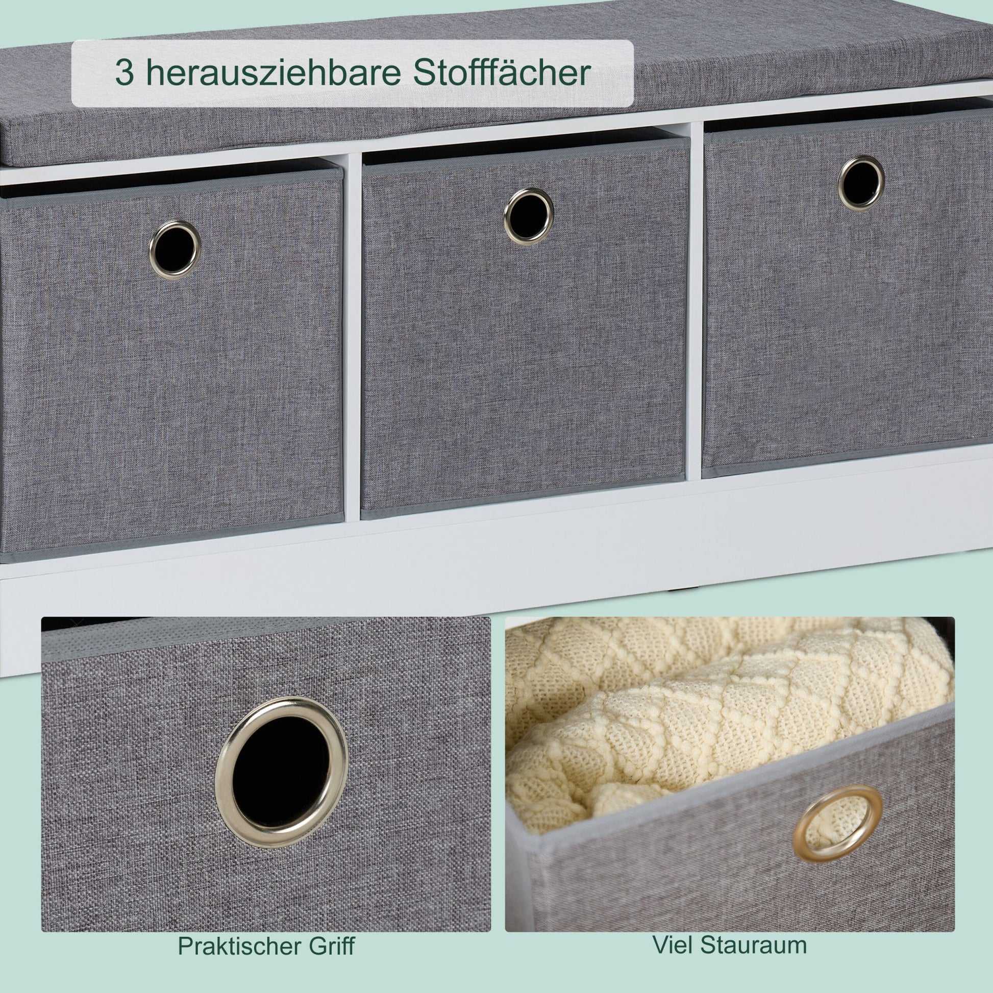 Sitzbank mit Polster und 3 Fächern Weiss-Grau von Relaxdays