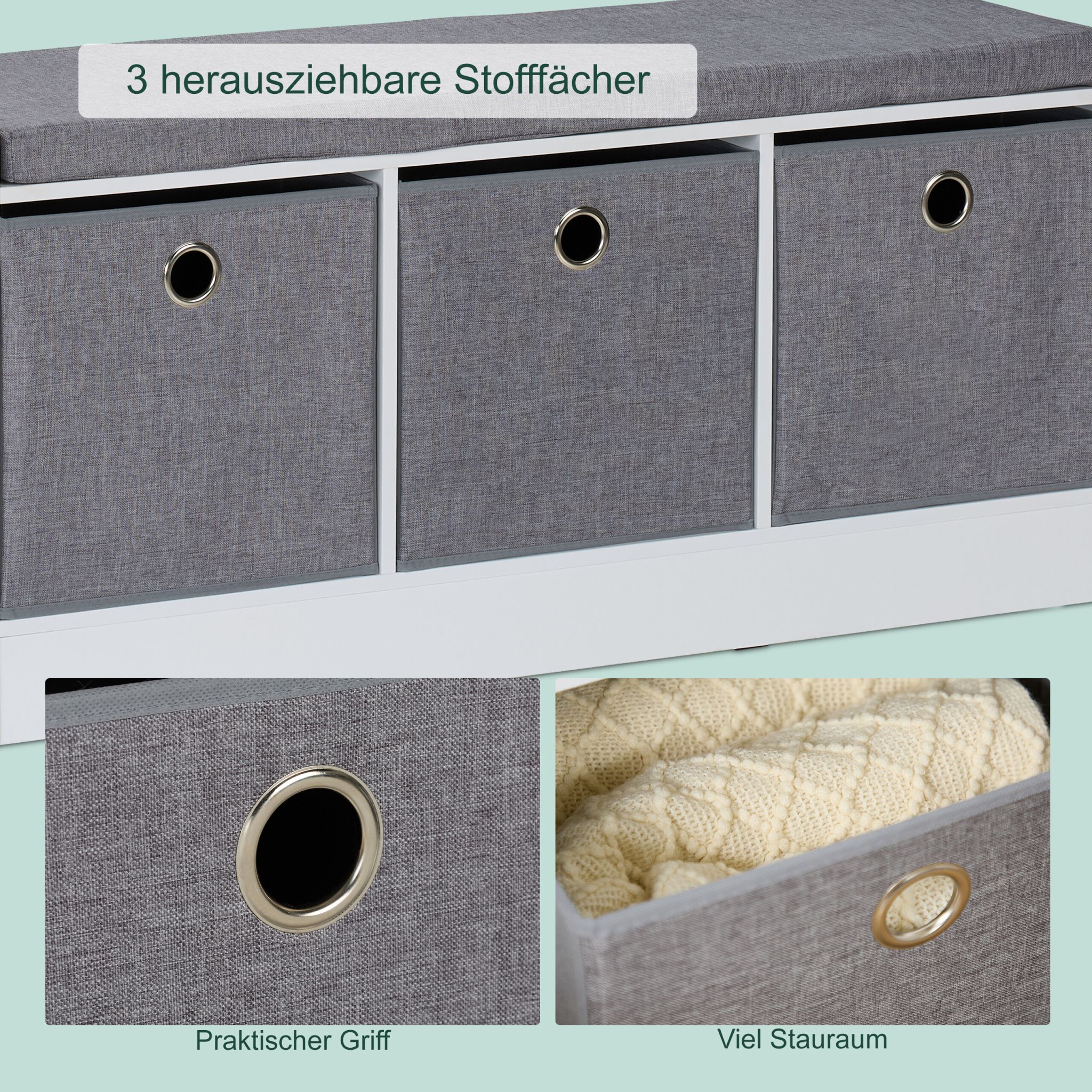 Sitzbank mit Polster und 3 Fächern Weiss-Grau von Relaxdays