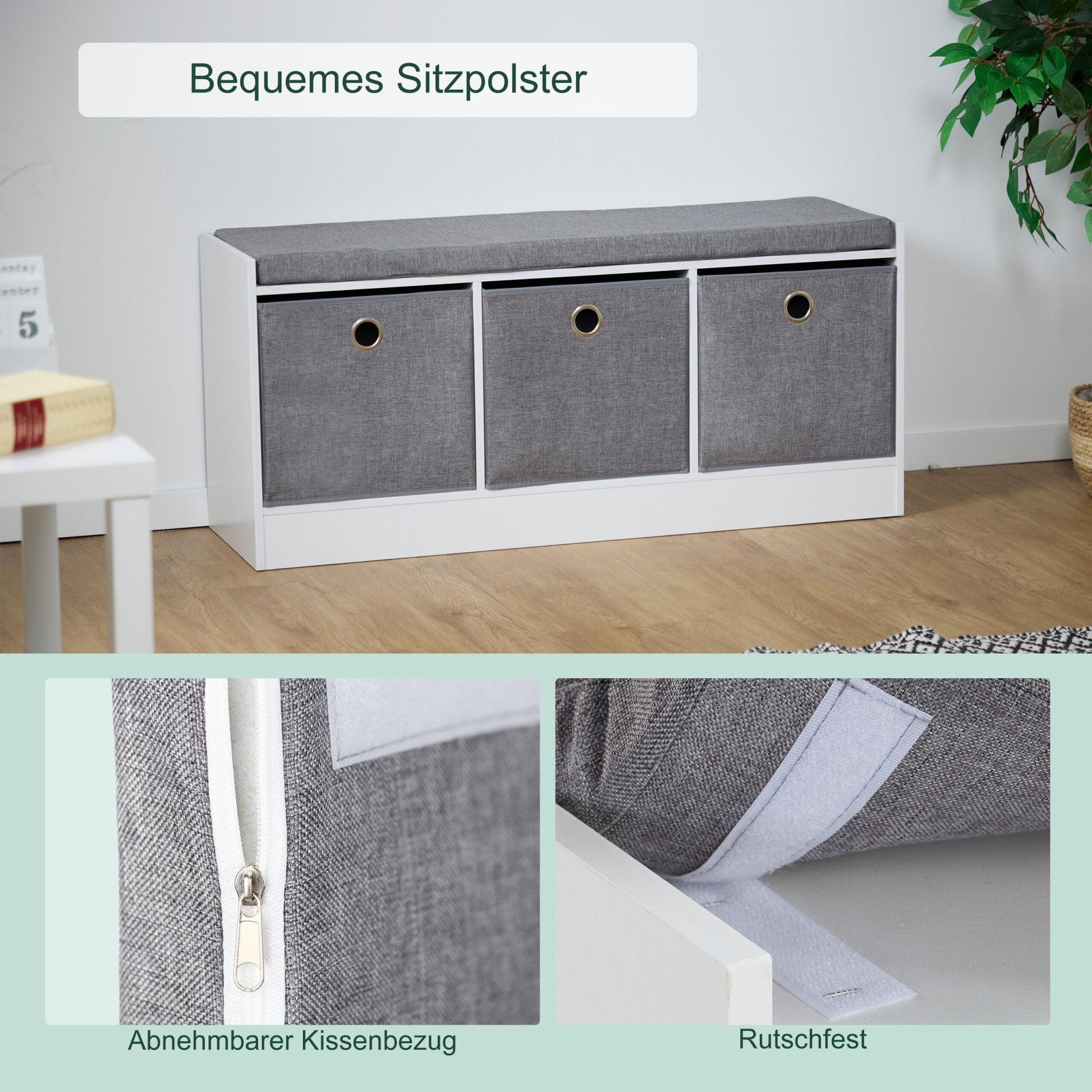 Sitzbank mit Polster und 3 Fächern Weiss-Grau von Relaxdays