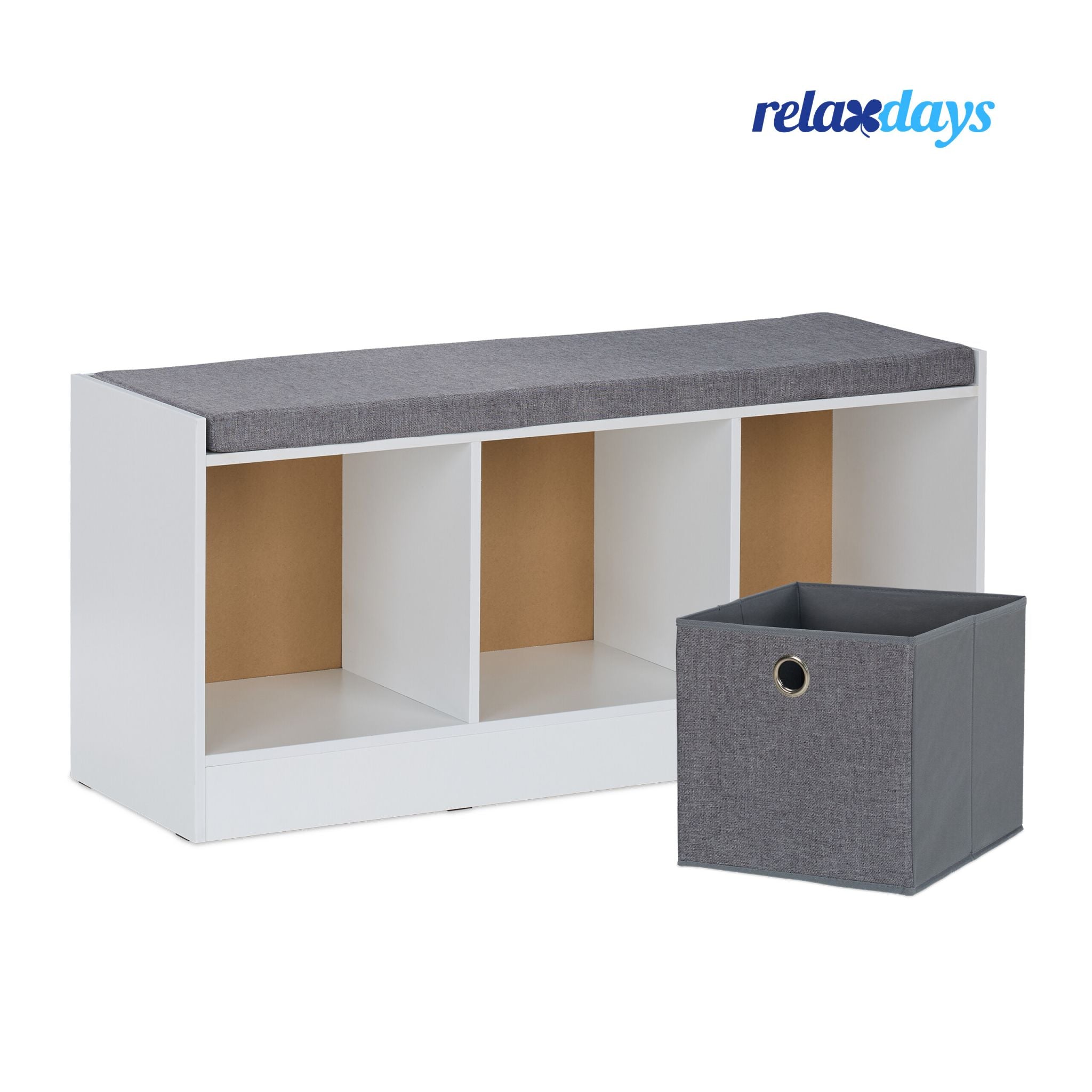 Sitzbank mit Polster und 3 Fächern Weiss-Grau von Relaxdays