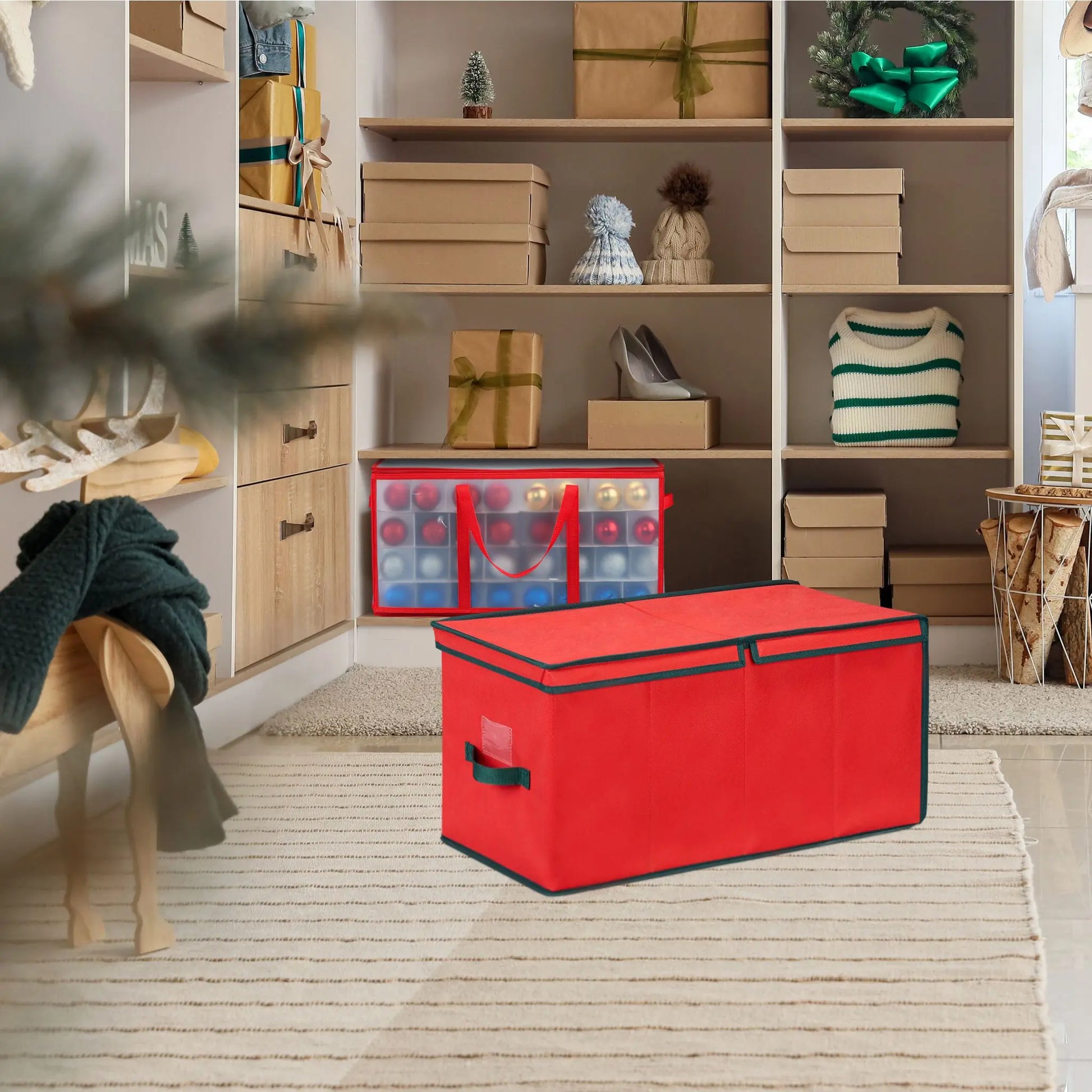 Weihnachtskugel Aufbewahrungsbox Weiss-Rot-Dunkelgrün Grösse M von Relaxdays