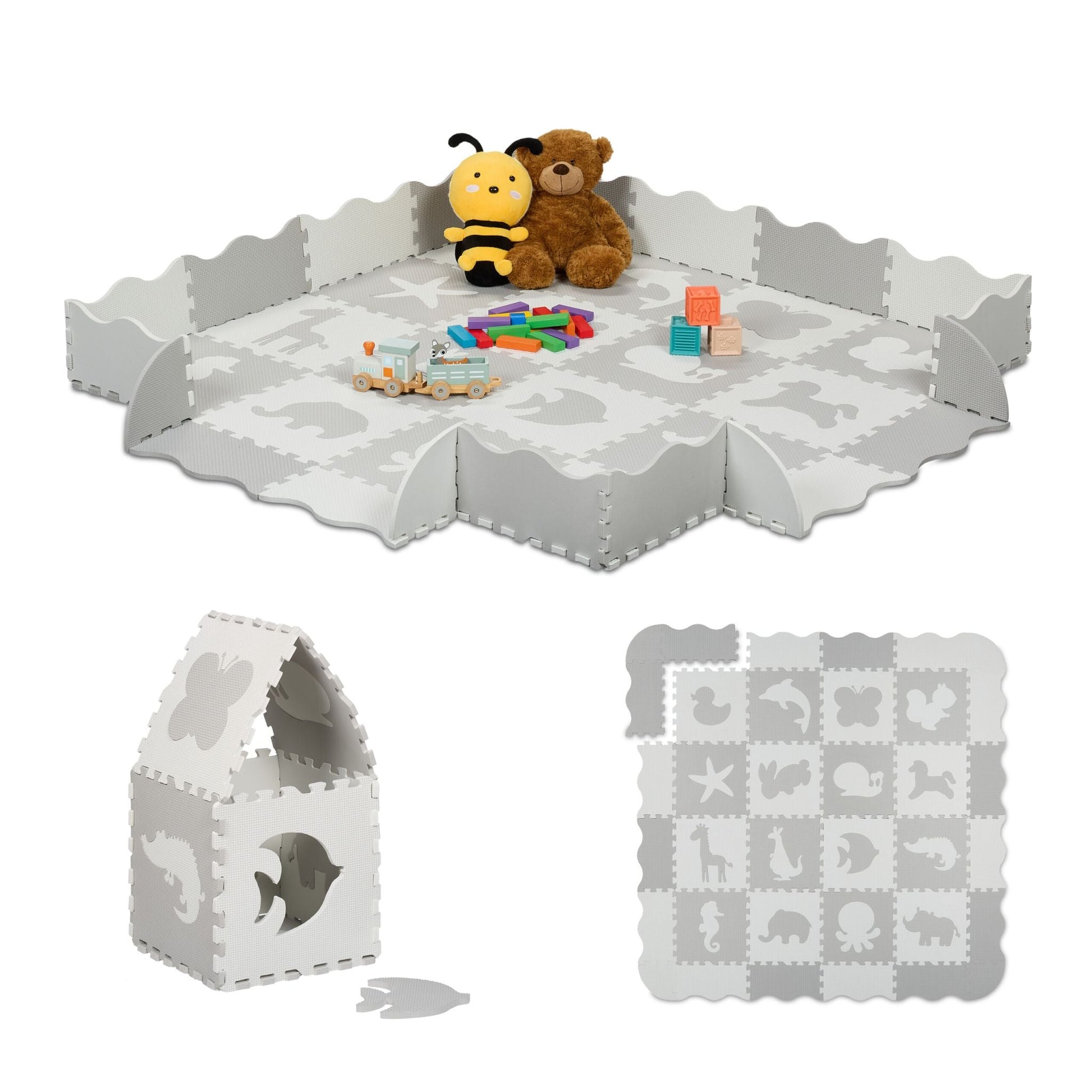 Puzzlematte mit Rand Tiermotive Weiss-Grau von Relaxdays