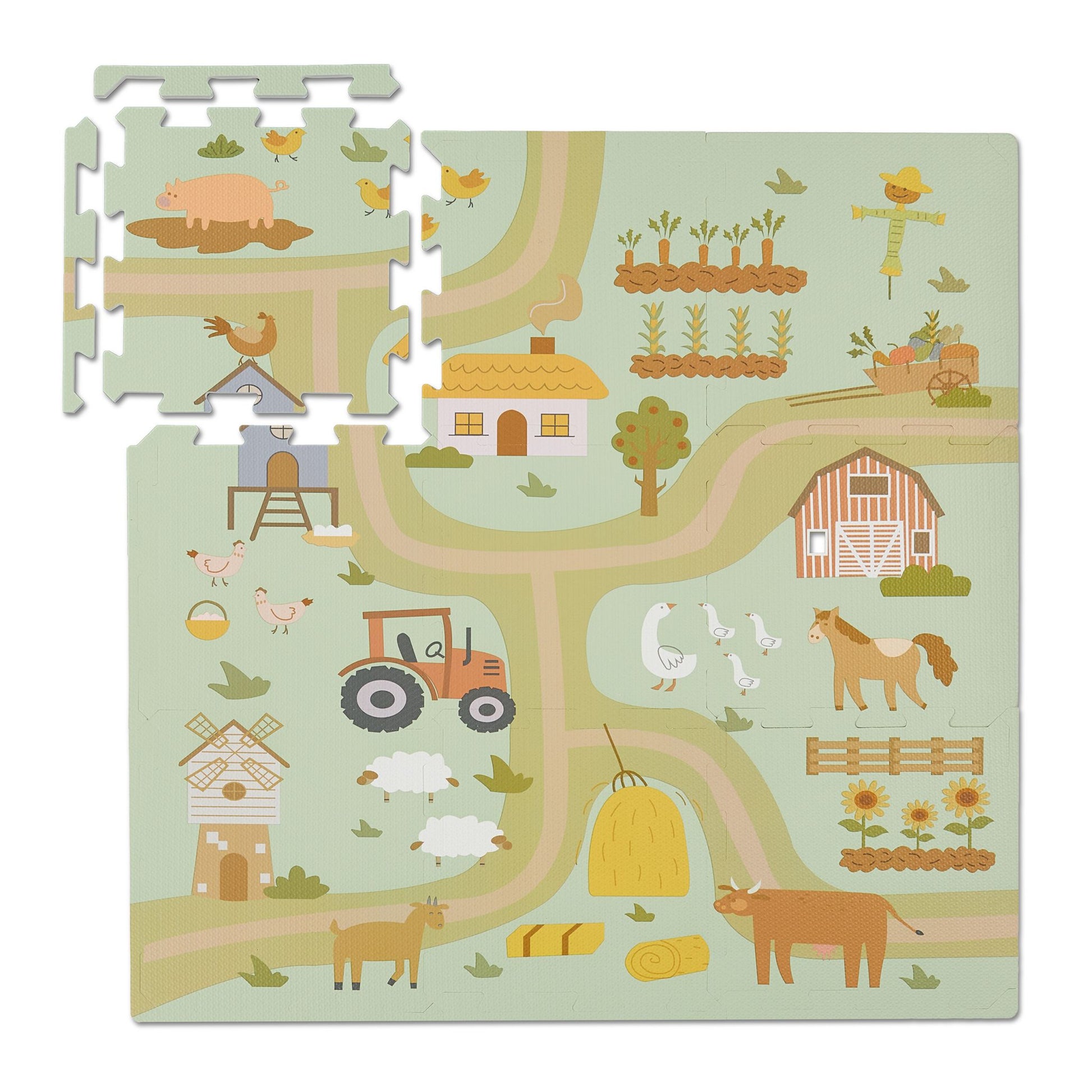 Puzzlematte Bauernhof Beige-Grün-Hellblau von Relaxdays