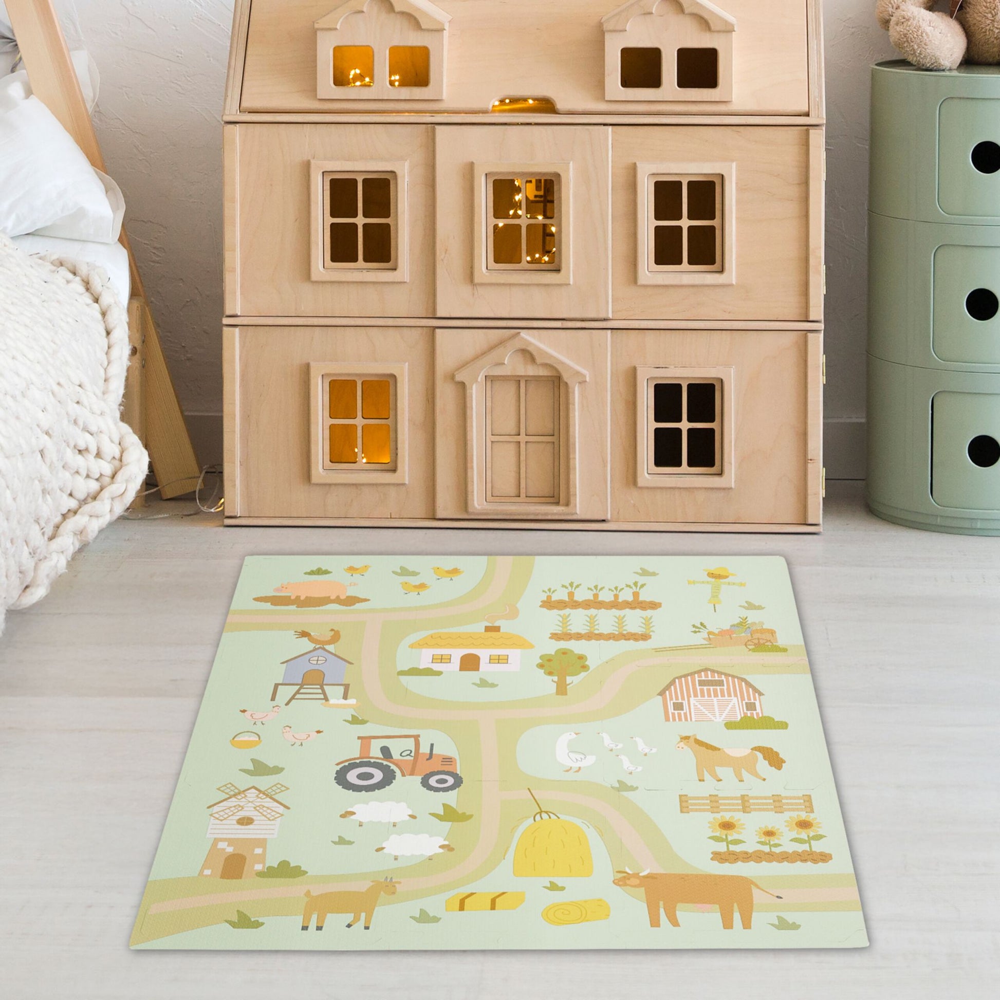 Puzzlematte Bauernhof Beige-Grün-Hellblau von Relaxdays