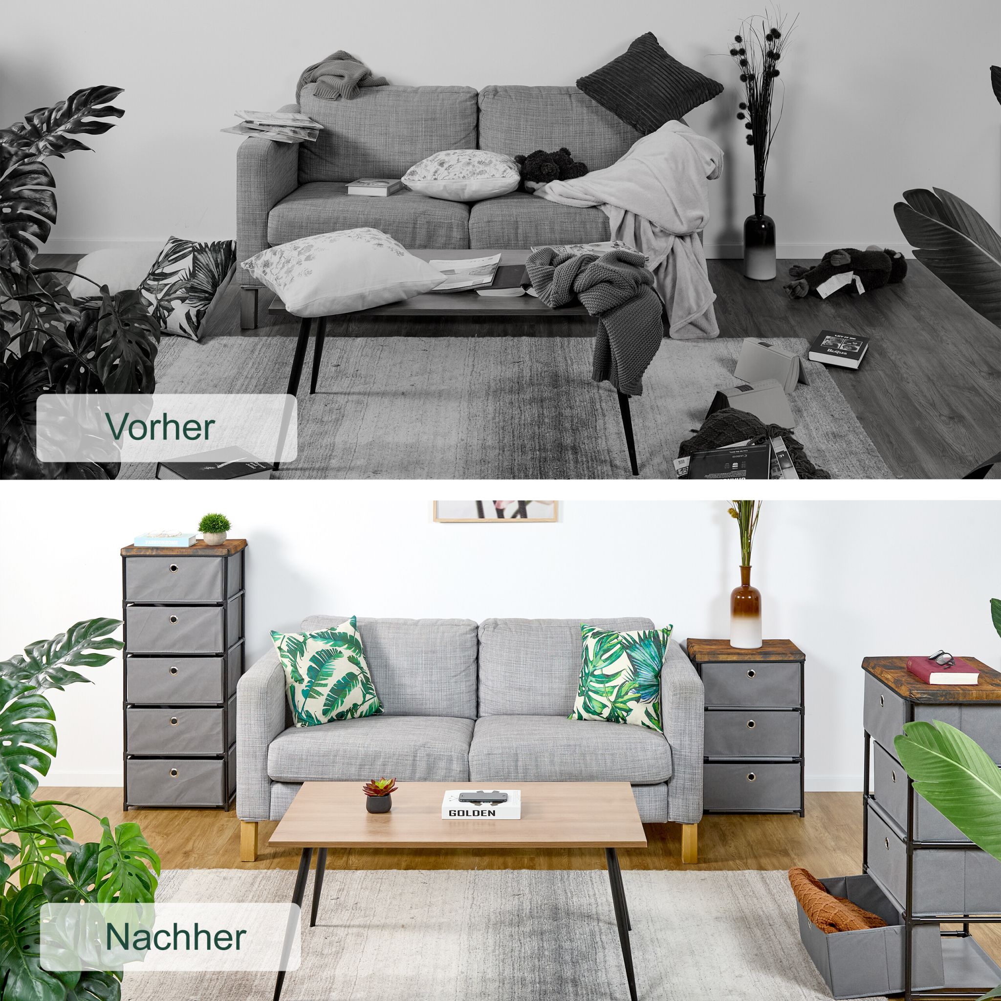 Kommode Holzoptik mit Stoffschubladen Braun-Schwarz-Silber von Relaxdays