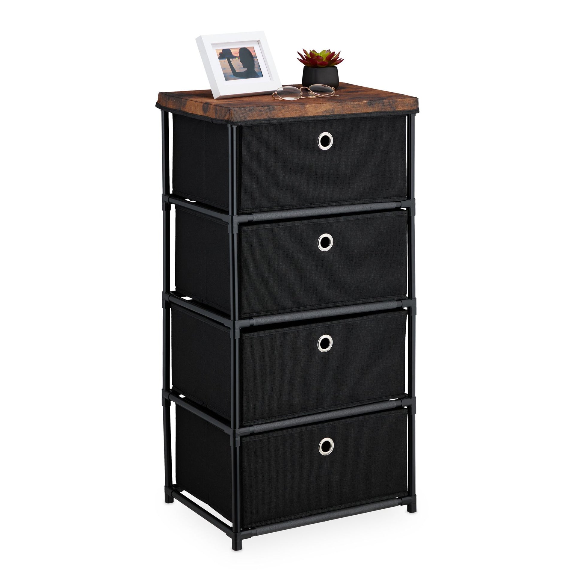 Kommode Holzoptik mit Stoffschubladen Braun-Schwarz-Silber von Relaxdays