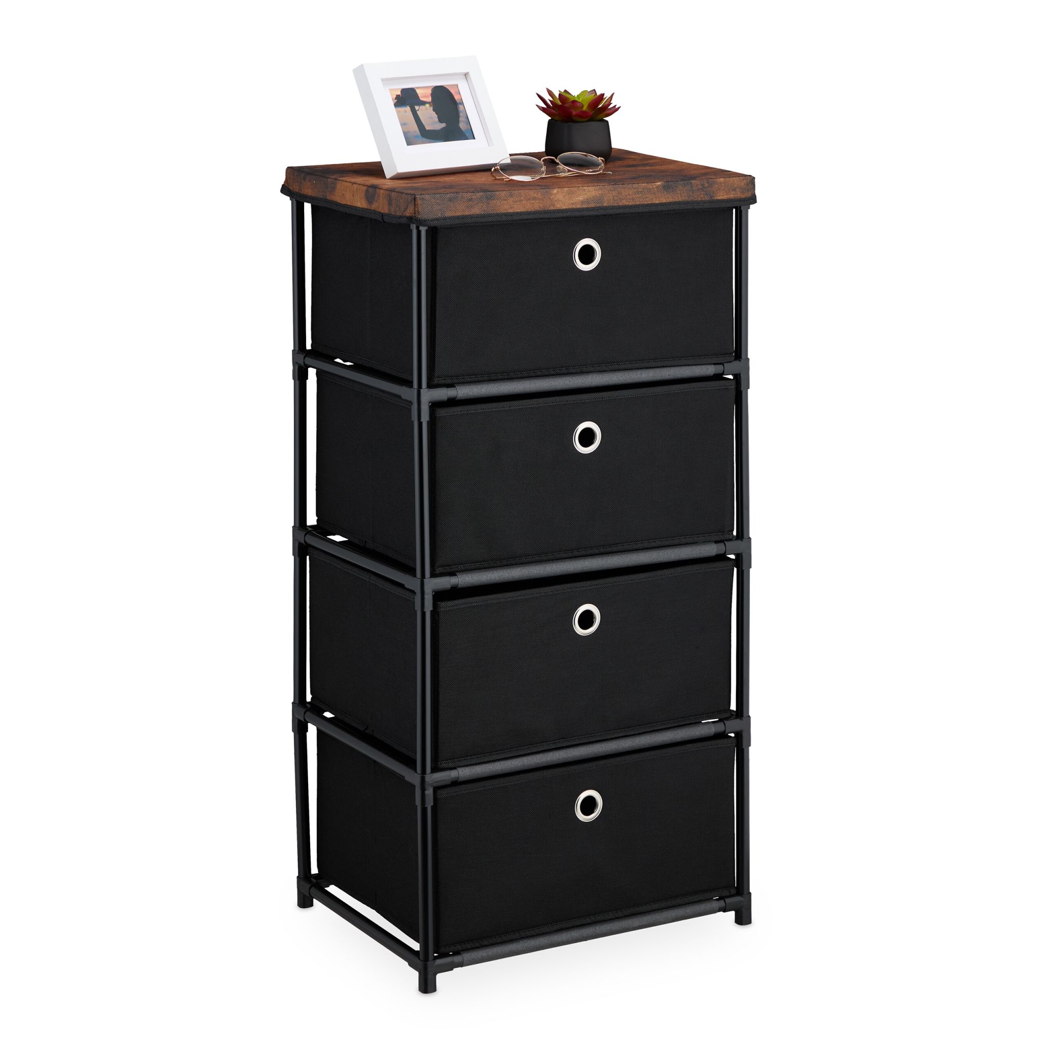 Kommode Holzoptik mit Stoffschubladen Braun-Schwarz-Silber von Relaxdays