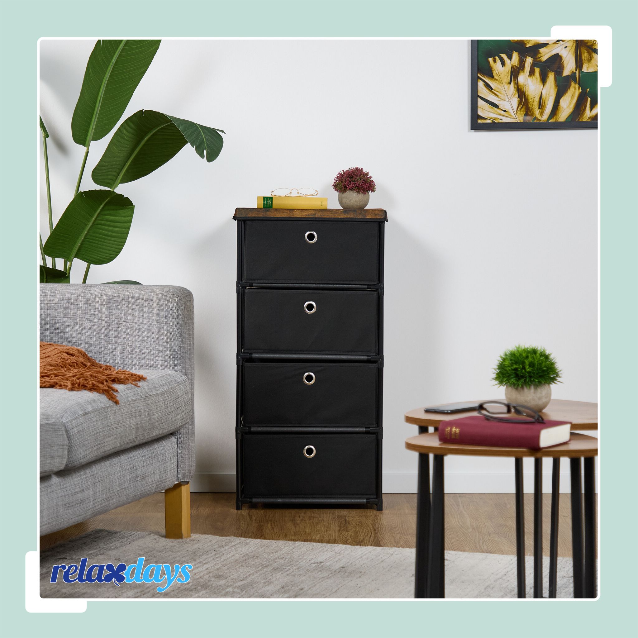 Kommode Holzoptik mit Stoffschubladen Braun-Schwarz-Silber von Relaxdays