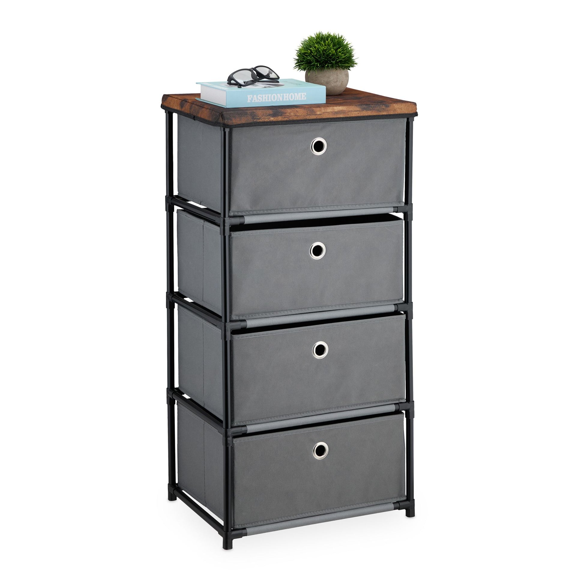 Kommode Holzoptik mit Stoffschubladen Braun-Schwarz-Grau von Relaxdays