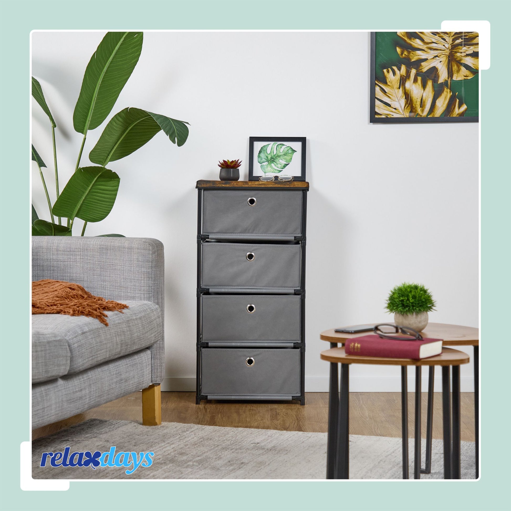 Kommode Holzoptik mit Stoffschubladen Braun-Schwarz-Grau von Relaxdays