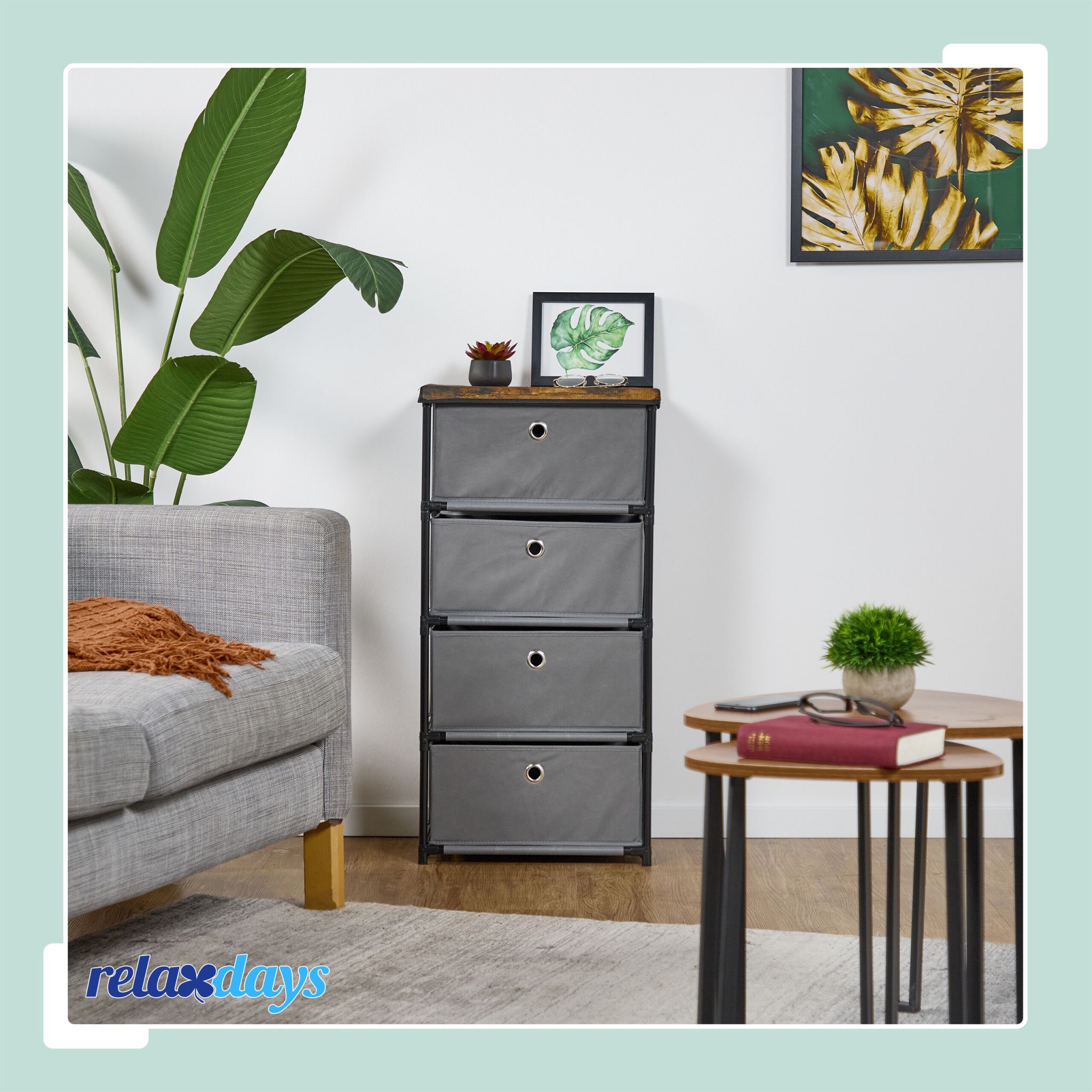 Kommode Holzoptik mit Stoffschubladen Braun-Schwarz-Grau von Relaxdays