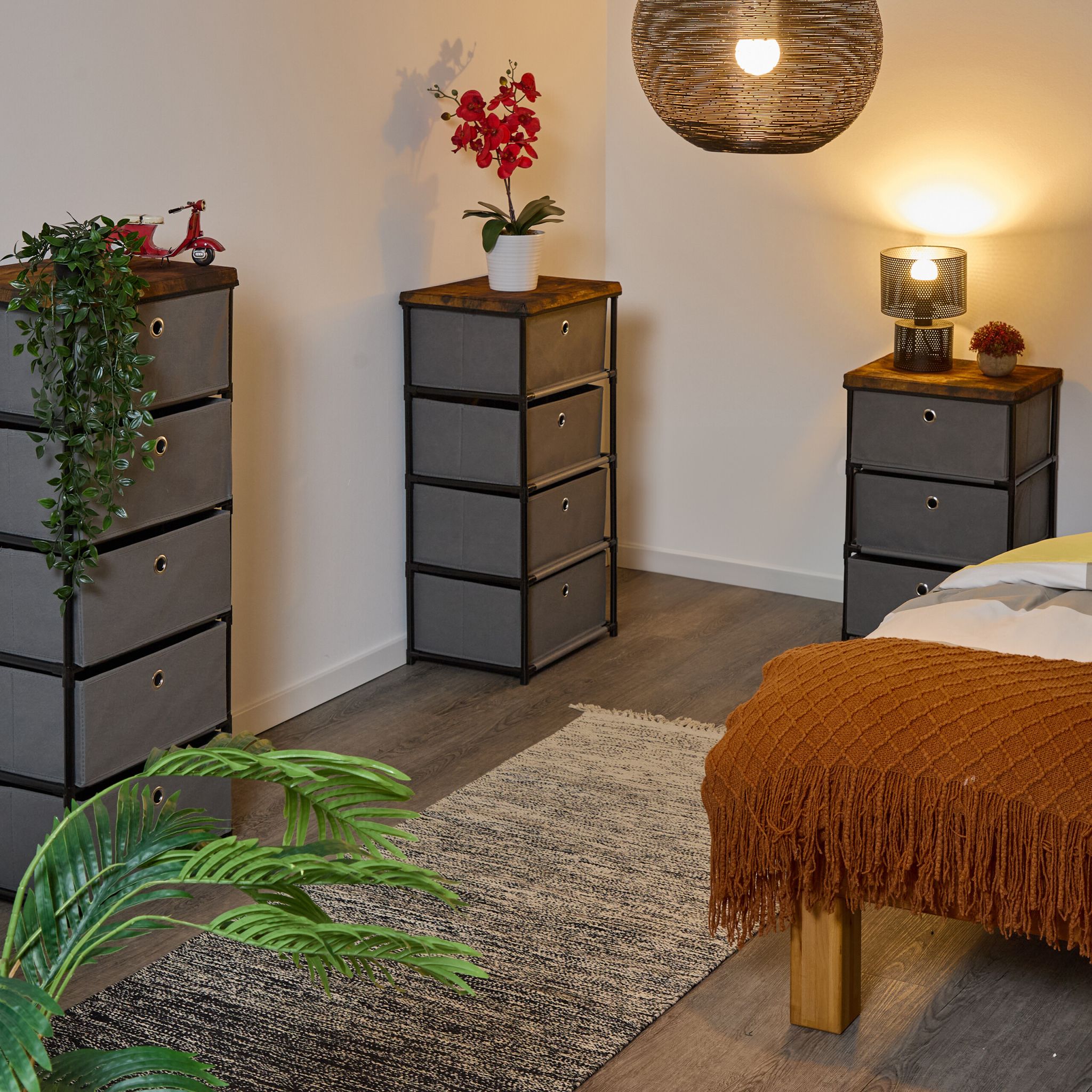 Kommode Holzoptik mit Stoffschubladen Braun-Schwarz-Grau von Relaxdays