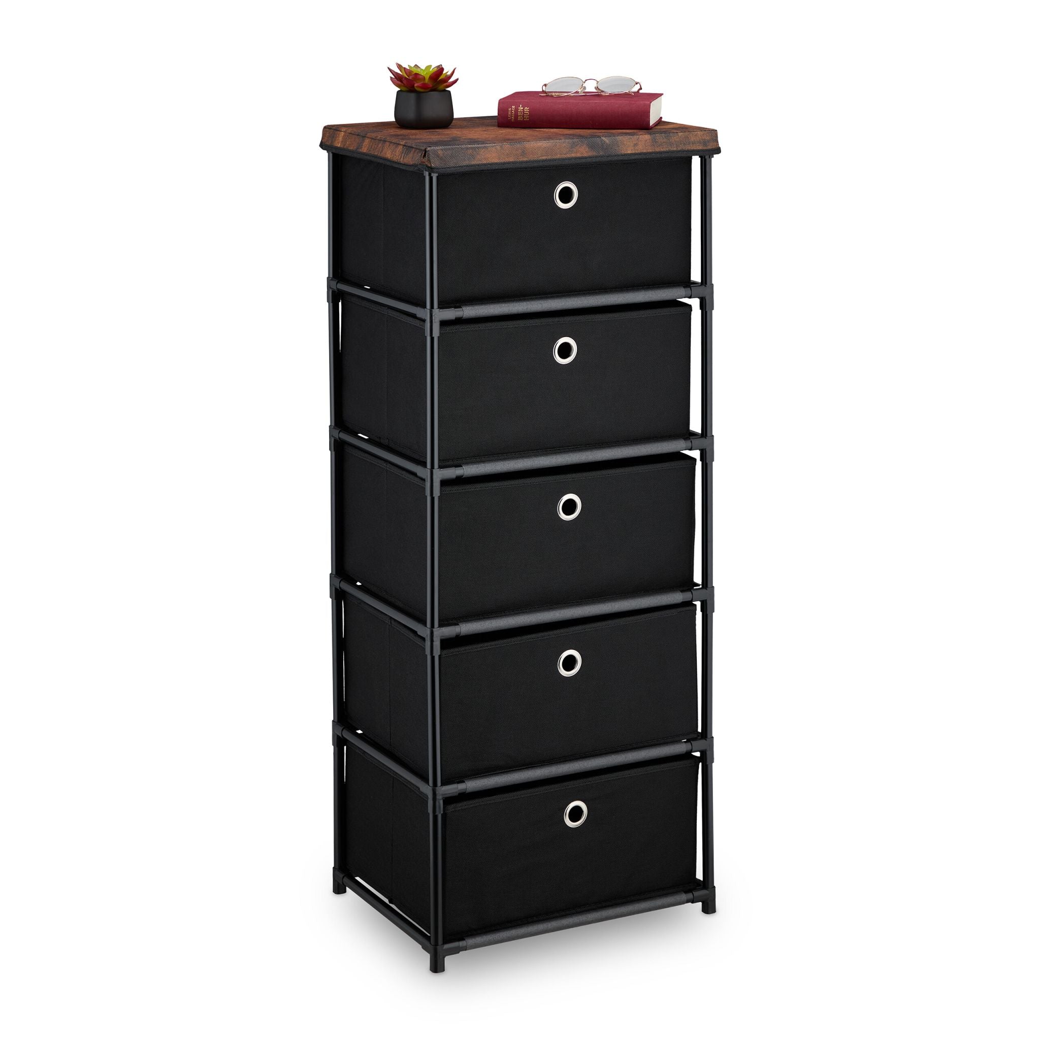 Kommode Holzoptik mit Stoffschubladen Braun-Schwarz-Silber von Relaxdays