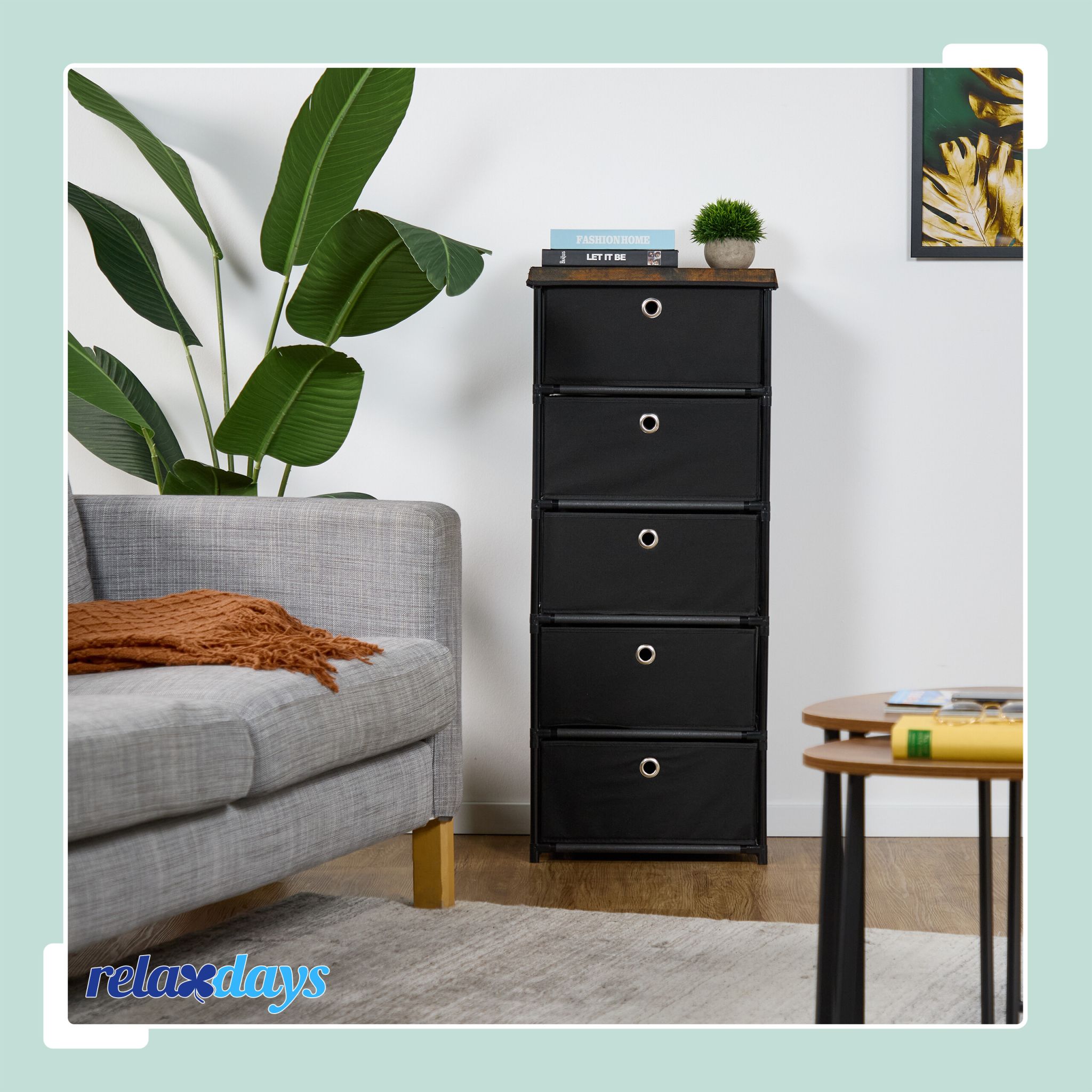 Kommode Holzoptik mit Stoffschubladen Braun-Schwarz-Silber von Relaxdays