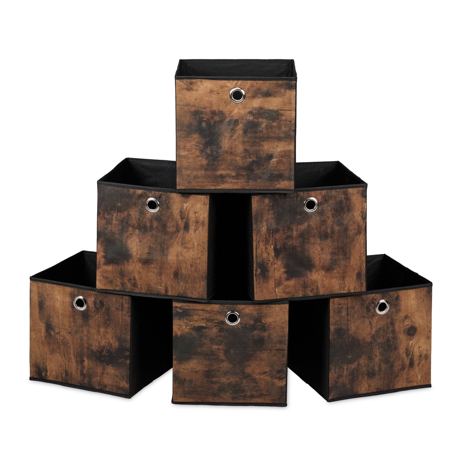 Stoff Aufbewahrungsbox Holzoptik 6er-Set Braun-Schwarz-Silber von Relaxdays