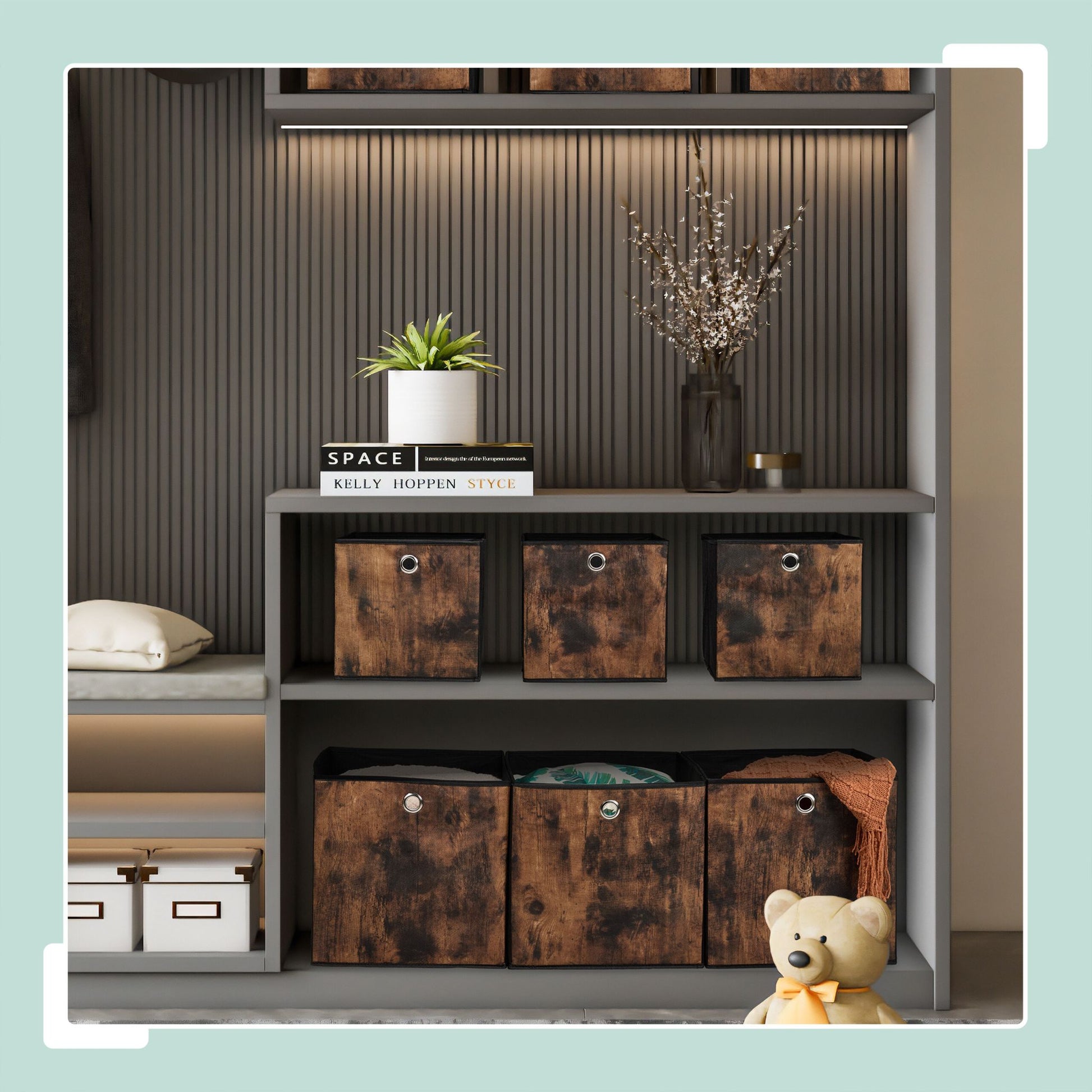 Stoff Aufbewahrungsbox Holzoptik 6er-Set Braun-Schwarz-Silber von Relaxdays