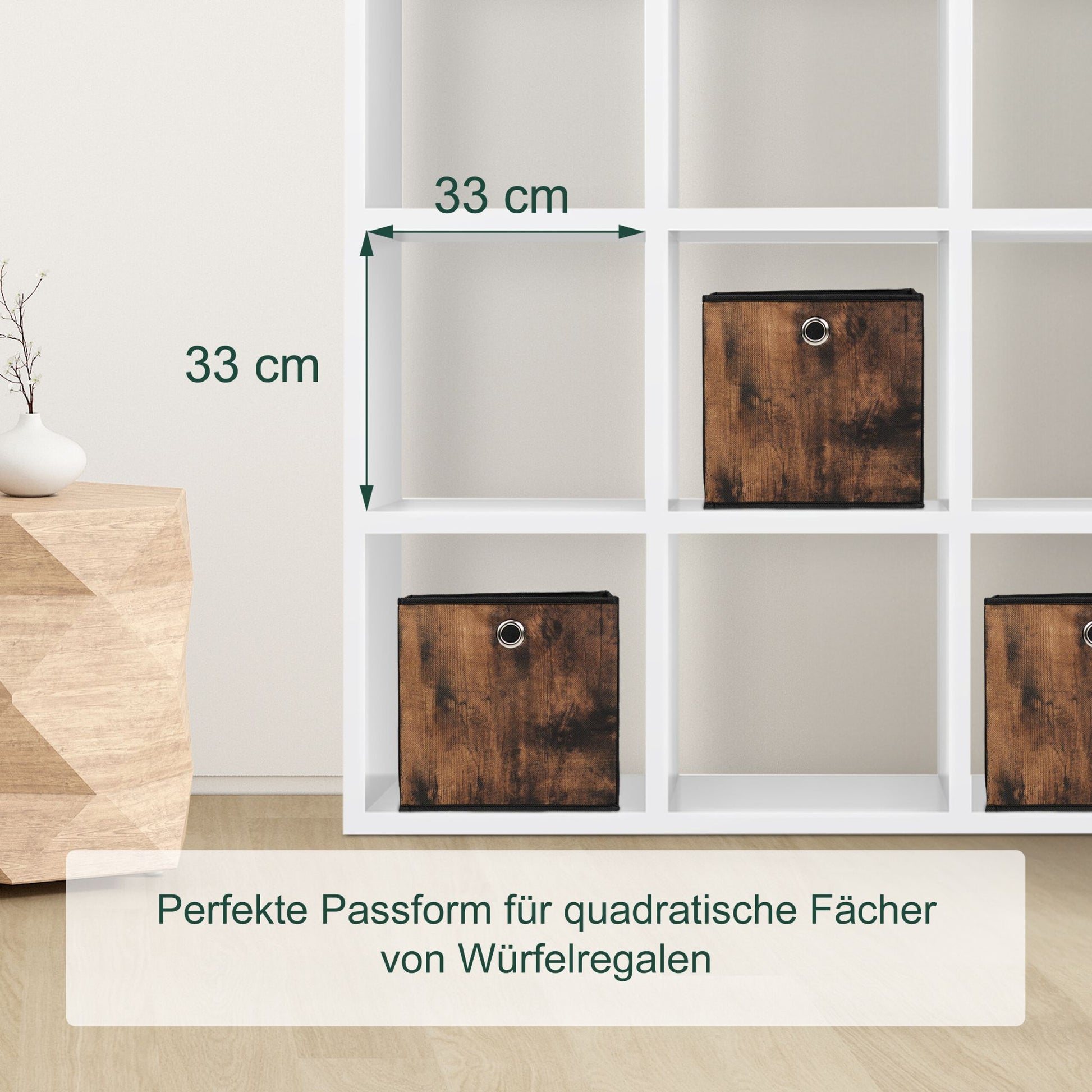 Stoff Aufbewahrungsbox Holzoptik 6er-Set Braun-Schwarz-Silber von Relaxdays