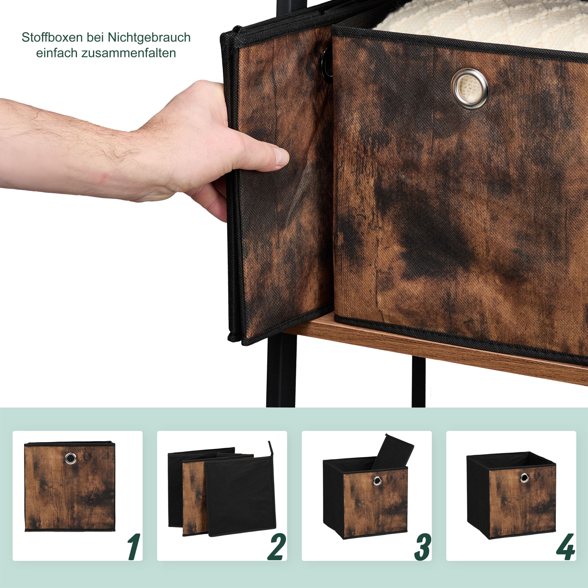 Stoff Aufbewahrungsbox Holzoptik 6er-Set Braun-Schwarz-Silber von Relaxdays