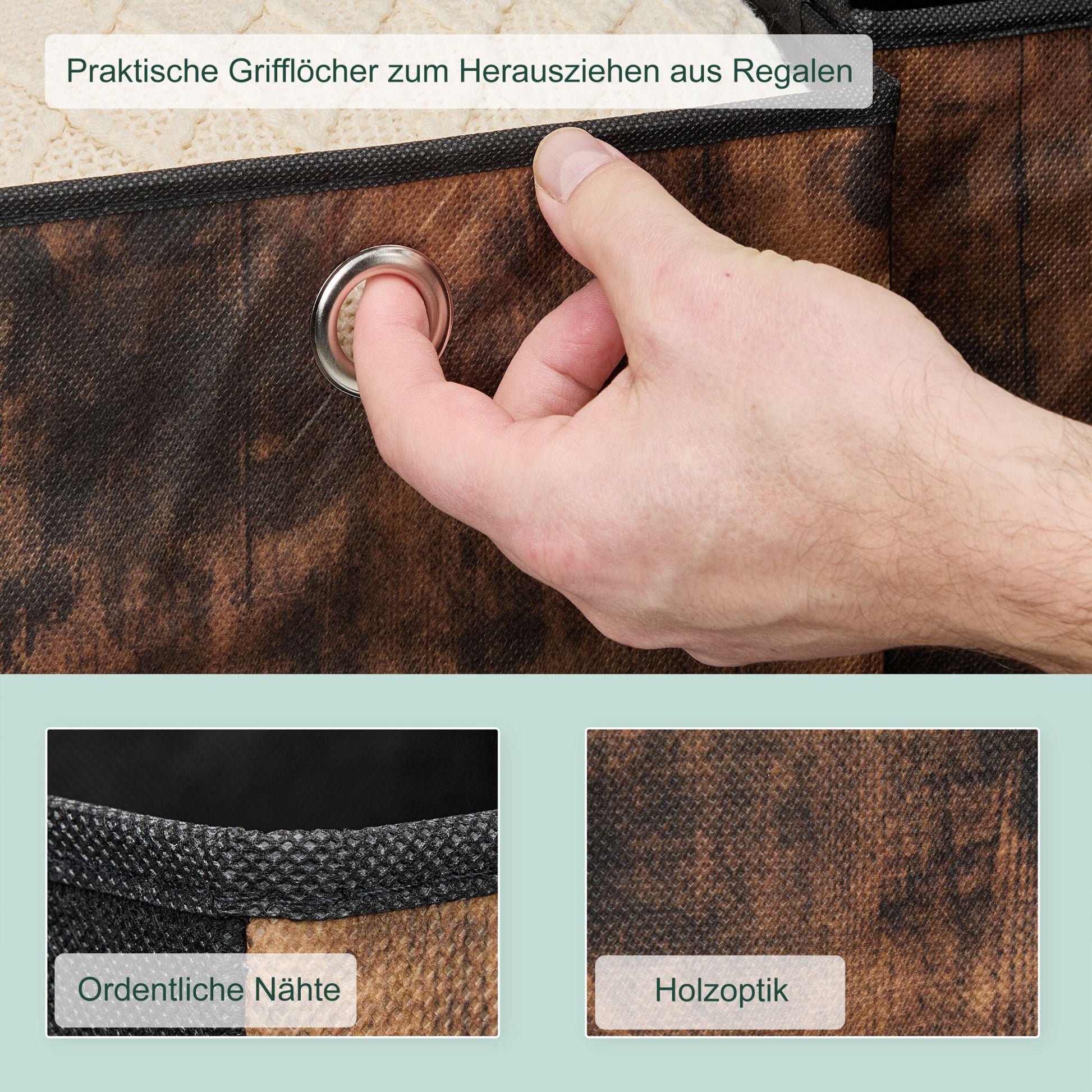 Stoff Aufbewahrungsbox Holzoptik 6er-Set Braun-Schwarz-Silber von Relaxdays