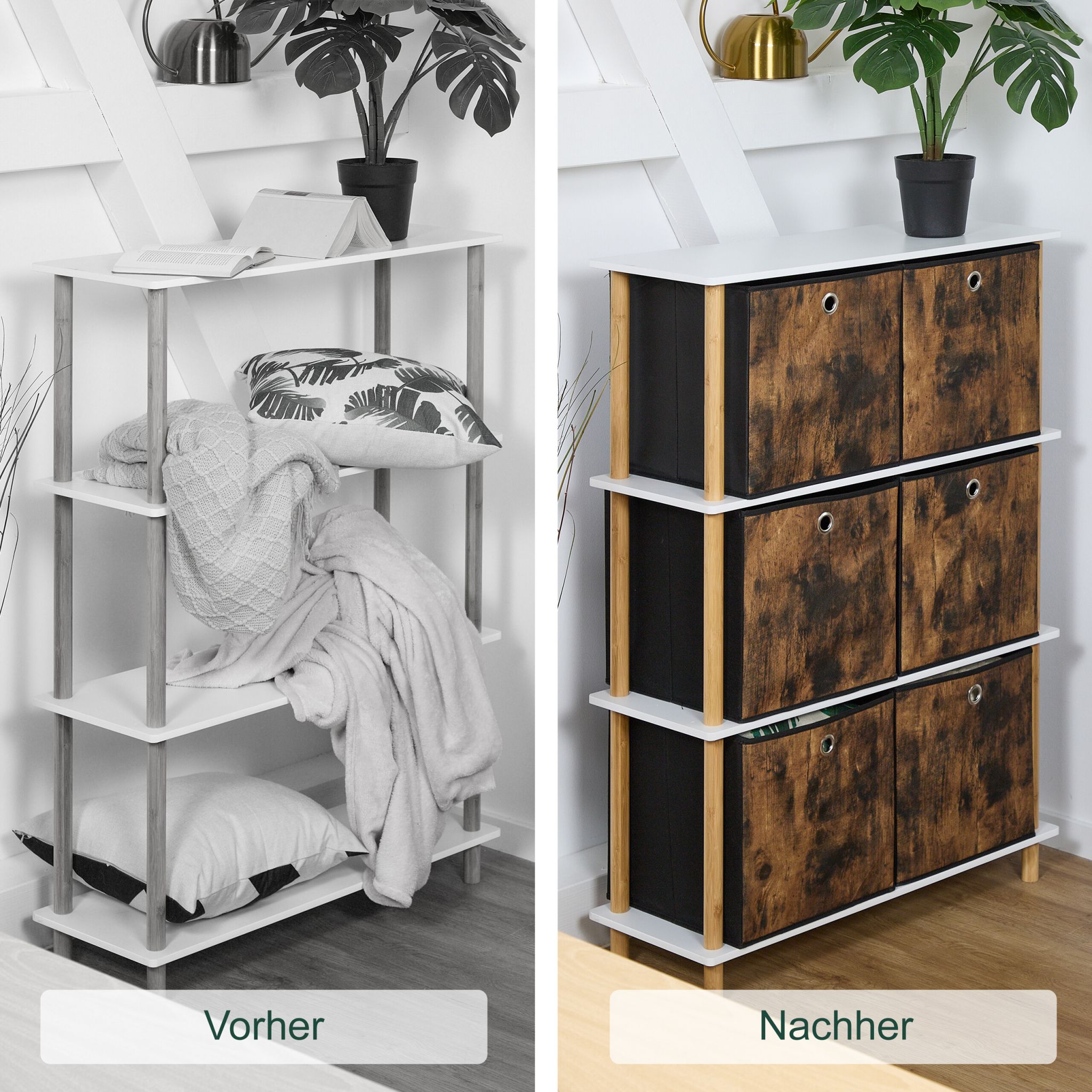 Stoff Aufbewahrungsbox Holzoptik 6er-Set Braun-Schwarz-Silber von Relaxdays