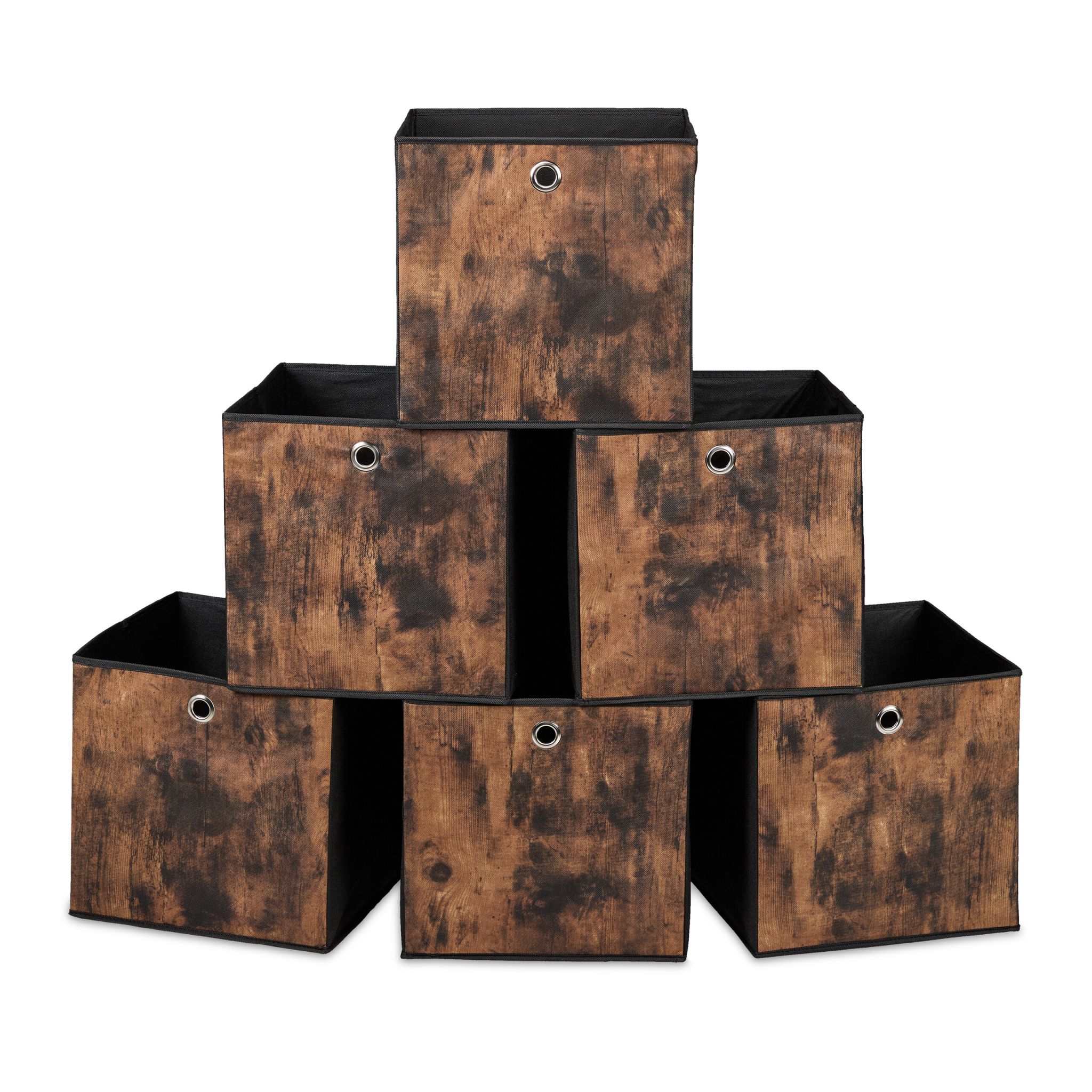 Stoff Aufbewahrungsbox Holzoptik 6er-Set Braun-Schwarz-Silber von Relaxdays