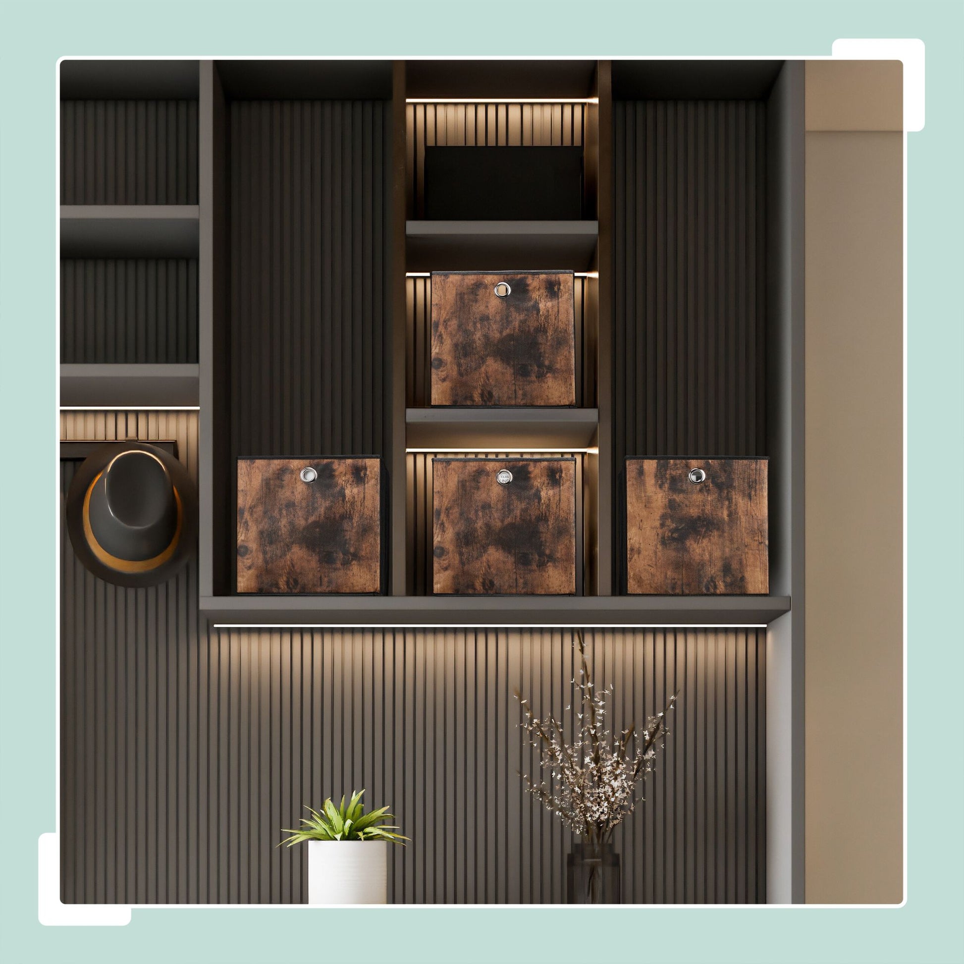 Stoff Aufbewahrungsbox Holzoptik 6er-Set Braun-Schwarz-Silber von Relaxdays