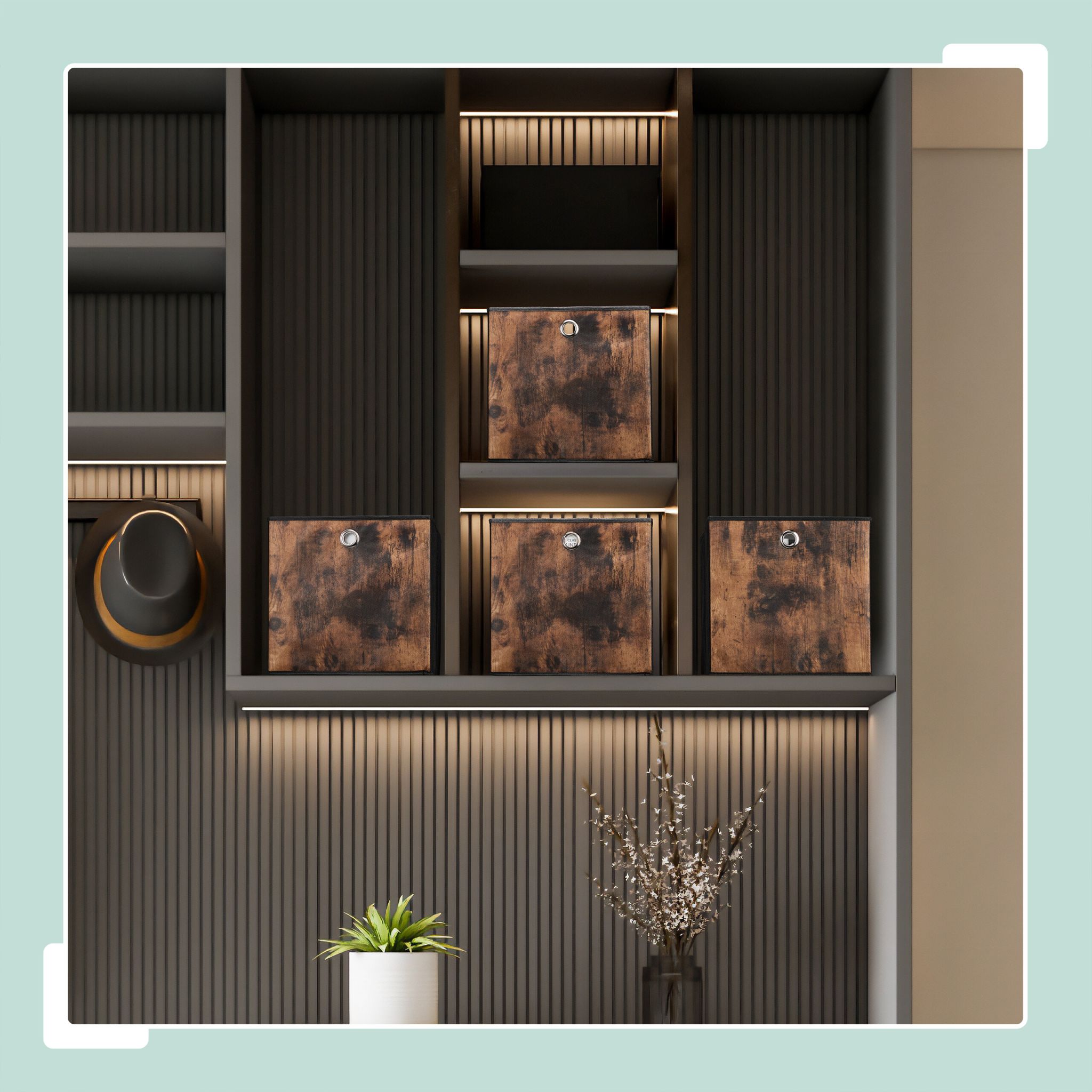Stoff Aufbewahrungsbox Holzoptik 6er-Set Braun-Schwarz-Silber von Relaxdays