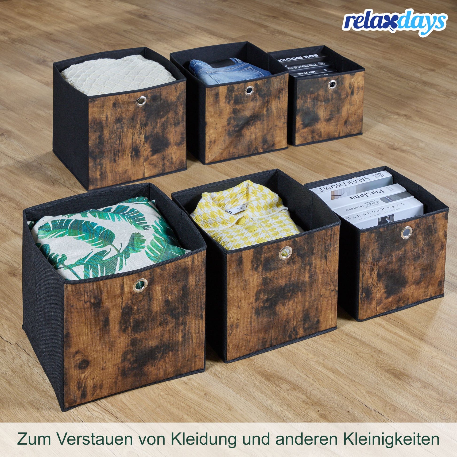 Stoff Aufbewahrungsbox Holzoptik 6er-Set Braun-Schwarz-Silber von Relaxdays