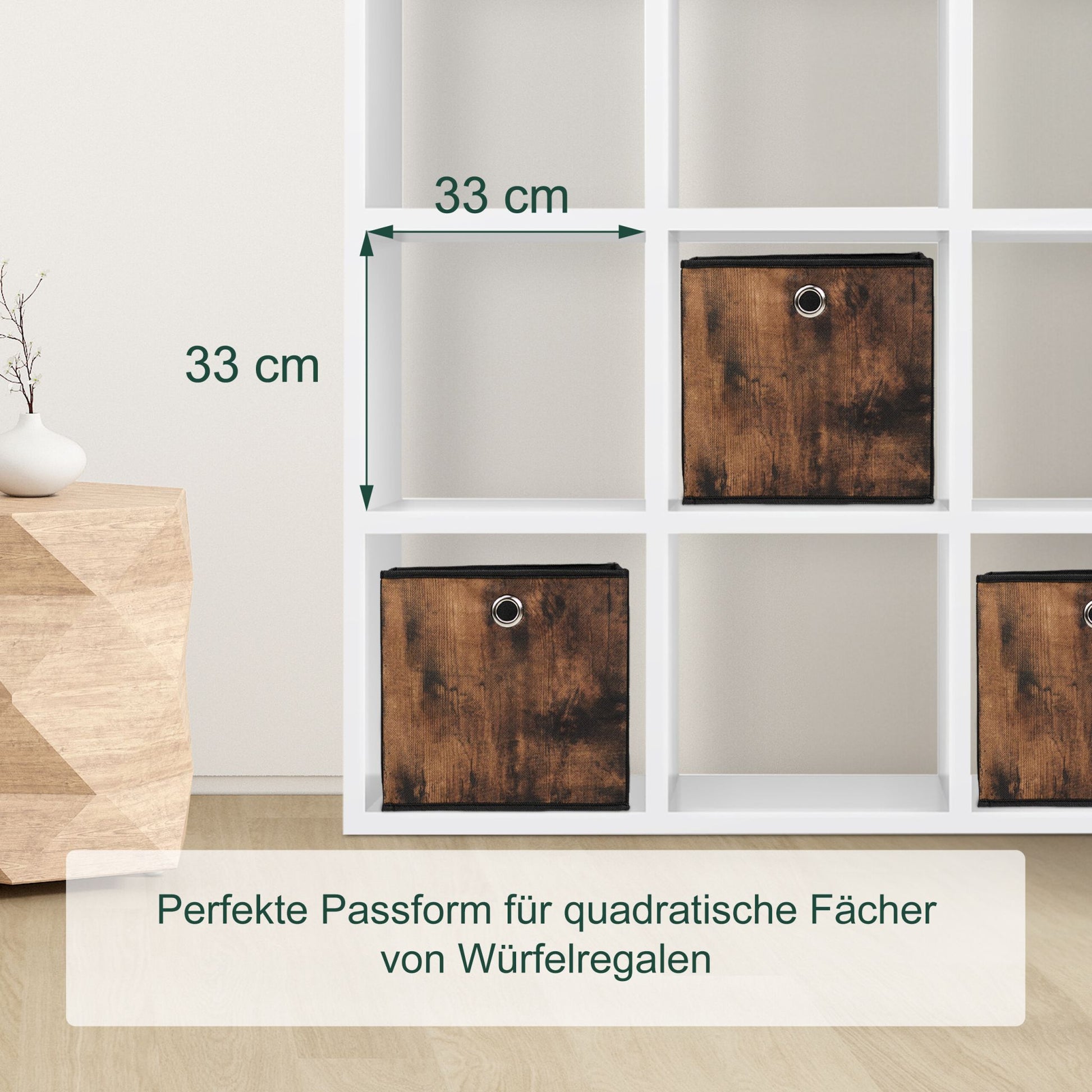Stoff Aufbewahrungsbox Holzoptik 6er-Set Braun-Schwarz-Silber von Relaxdays