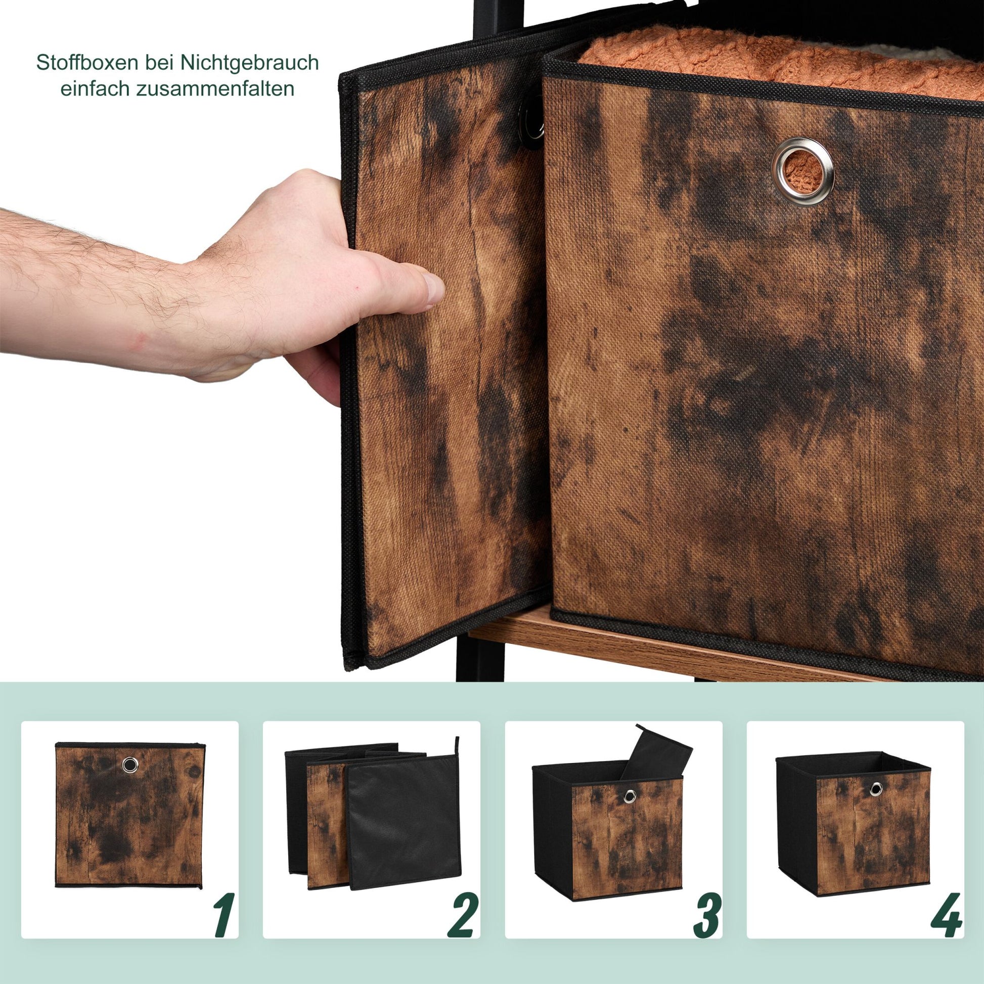 Stoff Aufbewahrungsbox Holzoptik 6er-Set Braun-Schwarz-Silber von Relaxdays