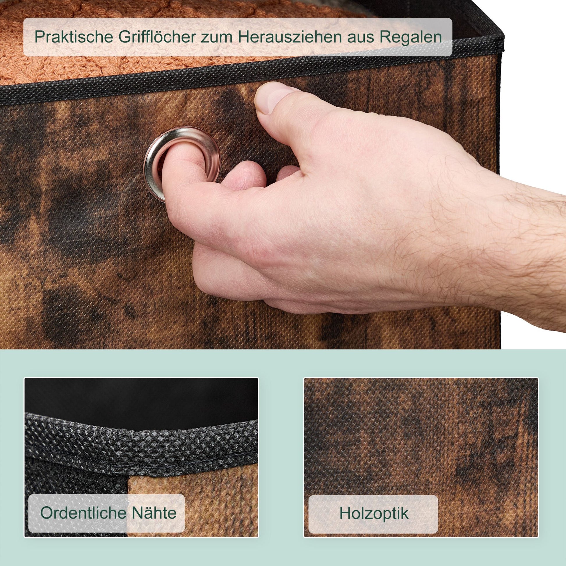 Stoff Aufbewahrungsbox Holzoptik 6er-Set Braun-Schwarz-Silber von Relaxdays