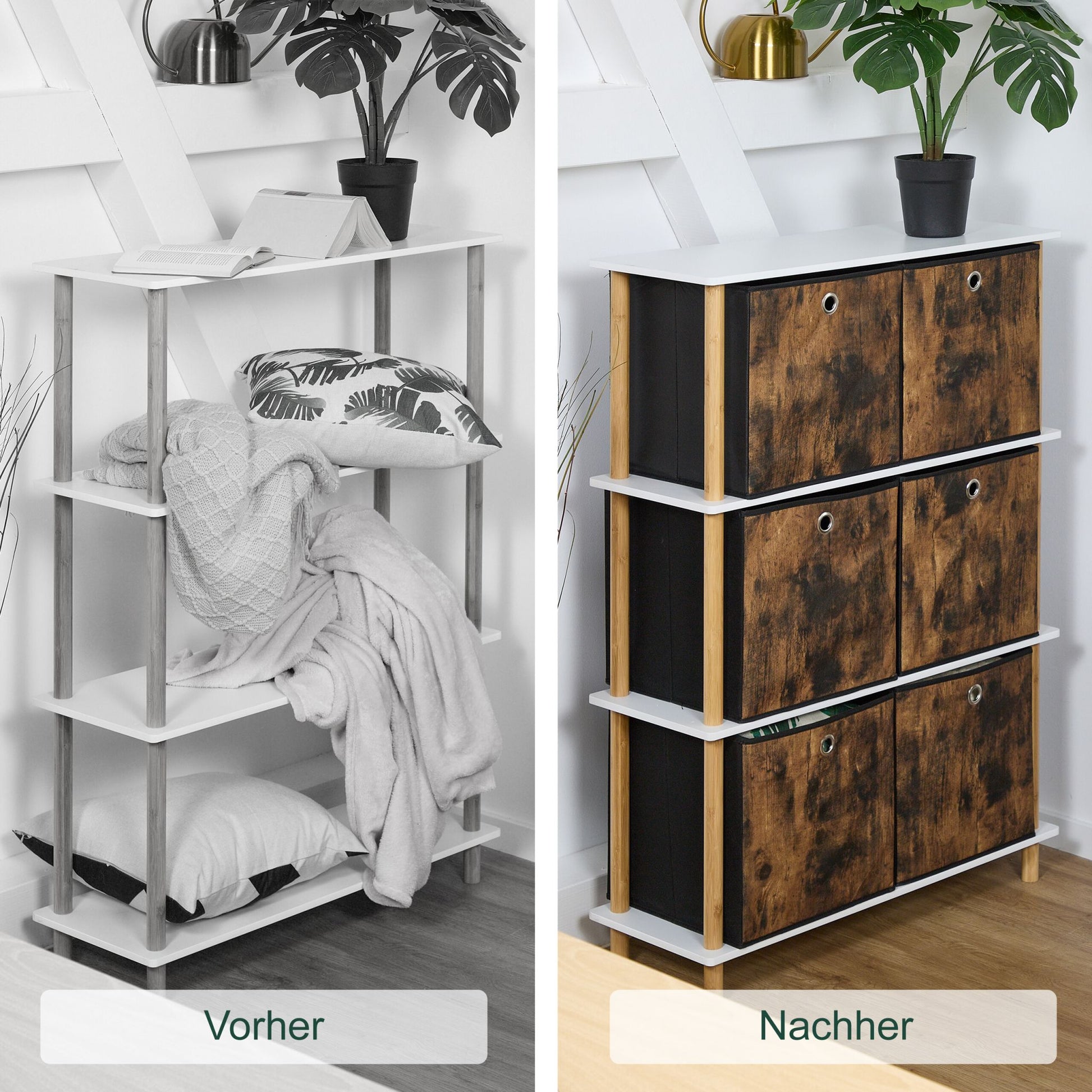 Stoff Aufbewahrungsbox Holzoptik 6er-Set Braun-Schwarz-Silber von Relaxdays