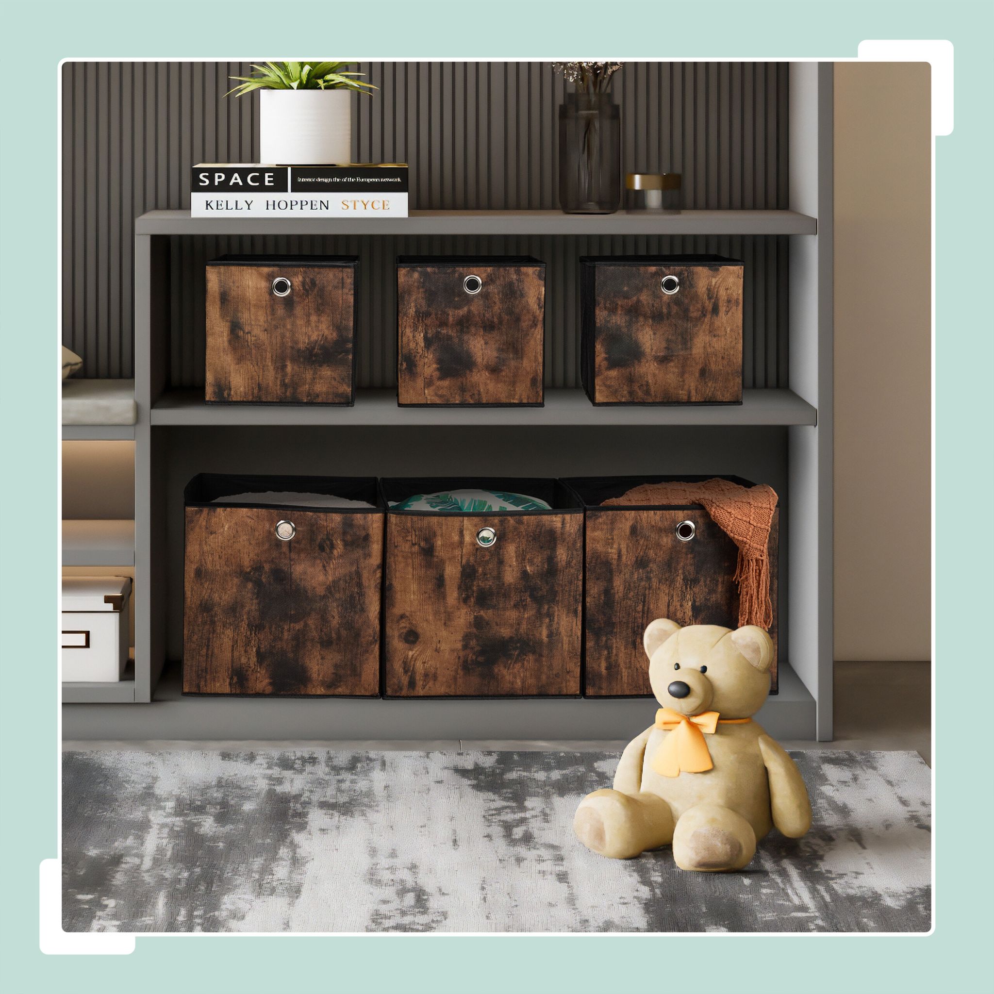 Stoff Aufbewahrungsbox Holzoptik 6er-Set Braun-Schwarz-Silber von Relaxdays