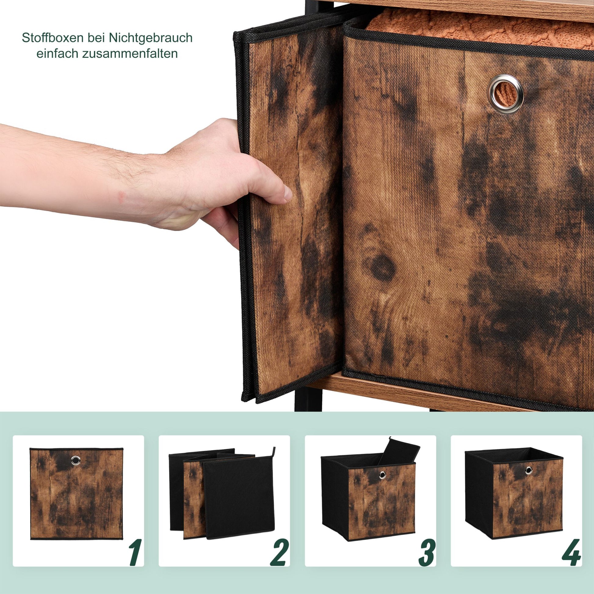 Stoff Aufbewahrungsbox Holzoptik 6er-Set Braun-Schwarz-Silber von Relaxdays