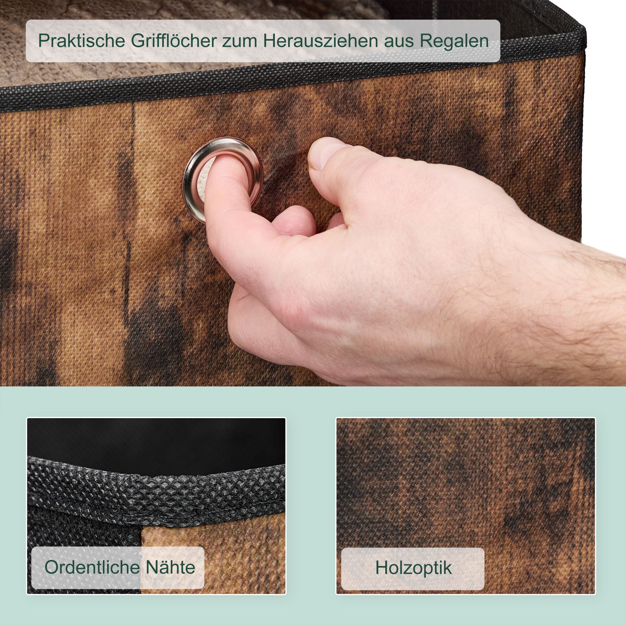 Stoff Aufbewahrungsbox Holzoptik 6er-Set Braun-Schwarz-Silber von Relaxdays