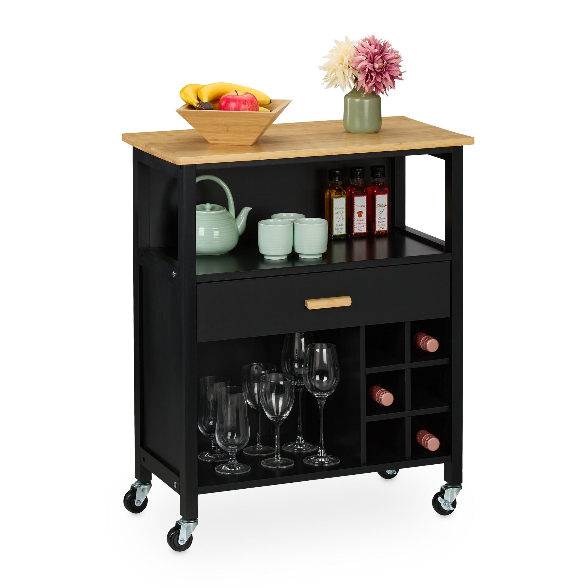 Küchenwagen mit Weinregal & Schublade Hellbraun-Schwarz von Relaxdays