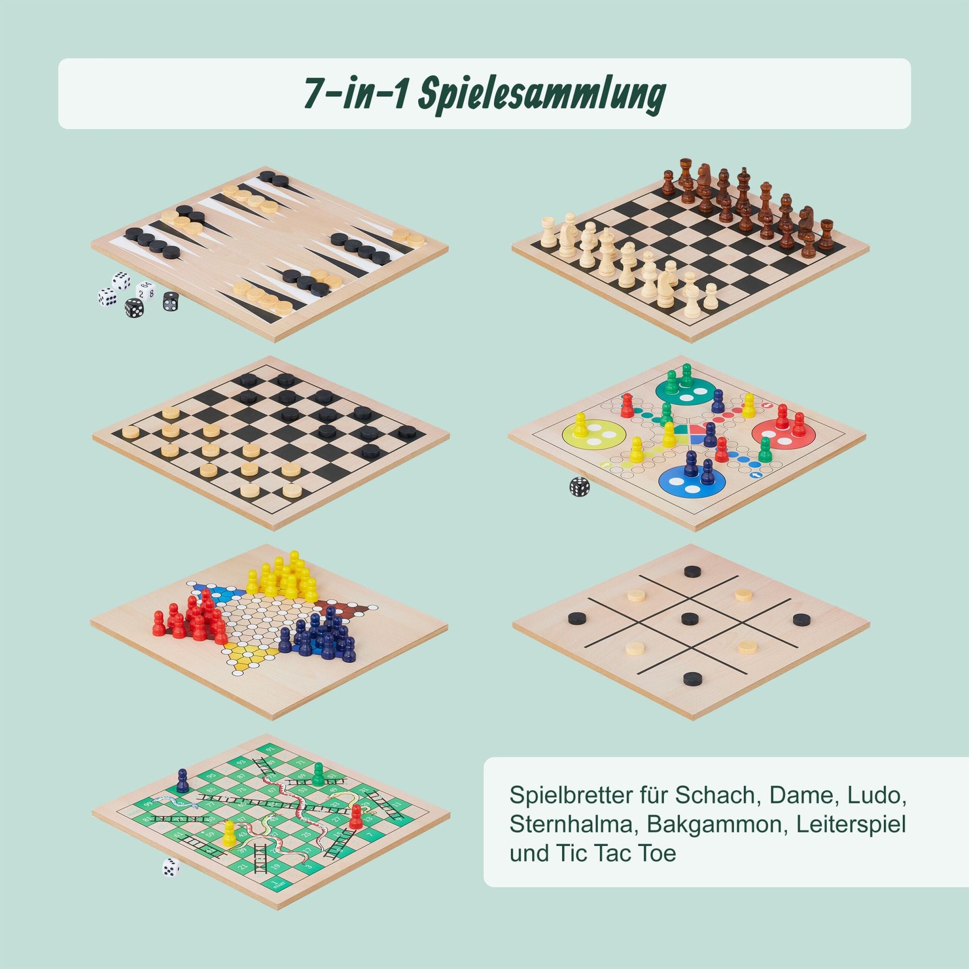 Spielesammlung mit 7 Brettspielen Grün-Hellbraun-Schwarz von Relaxdays