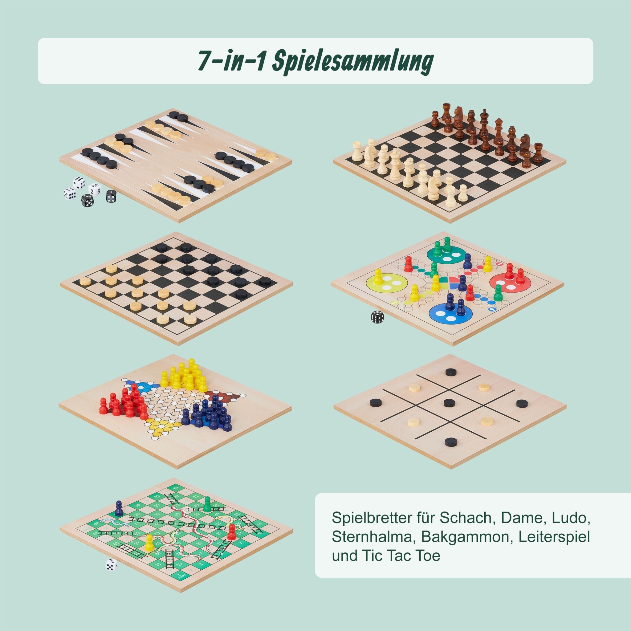 Spielesammlung mit 7 Brettspielen Grün-Hellbraun-Schwarz von Relaxdays